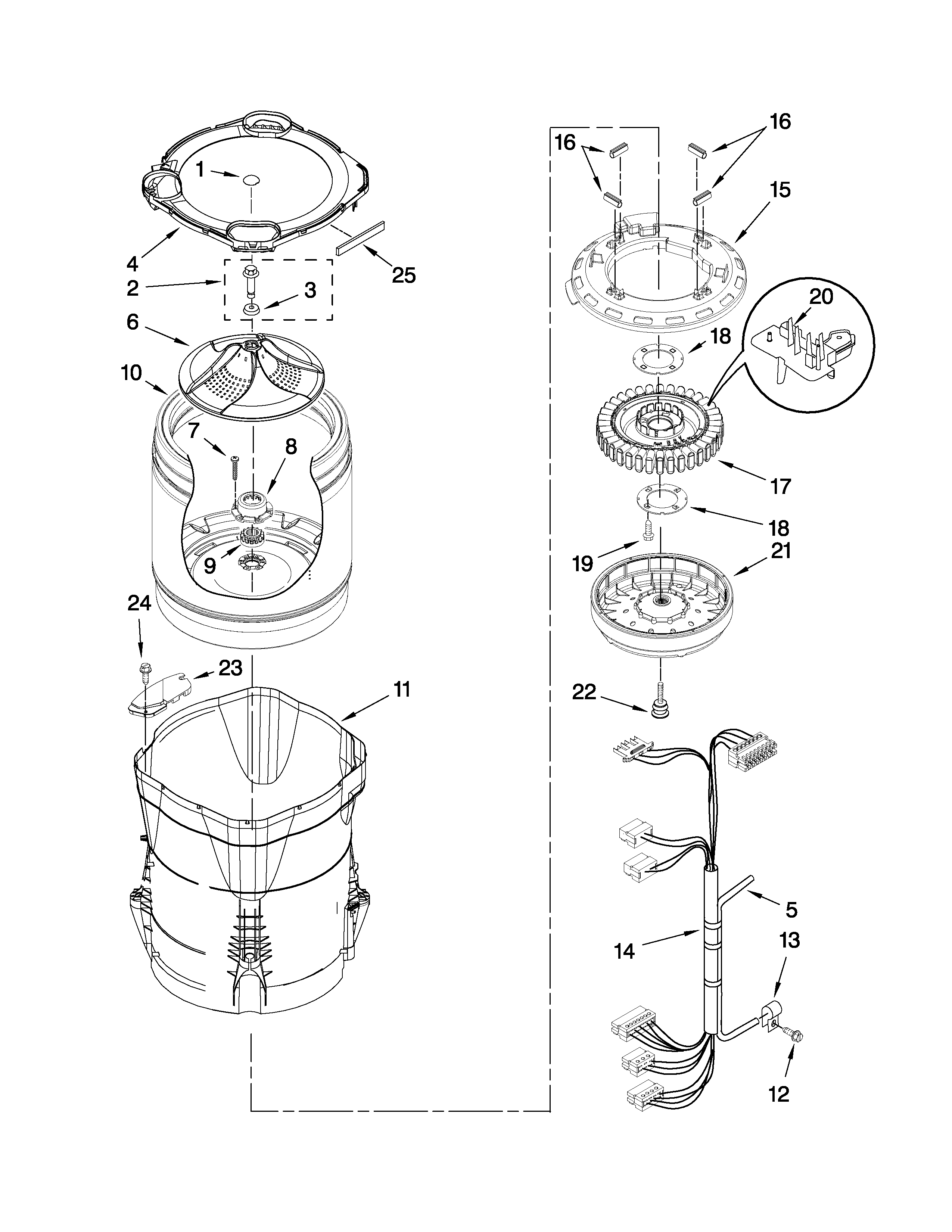 Whirlpool WTW6800WL1 motor, basket and tub parts diagram