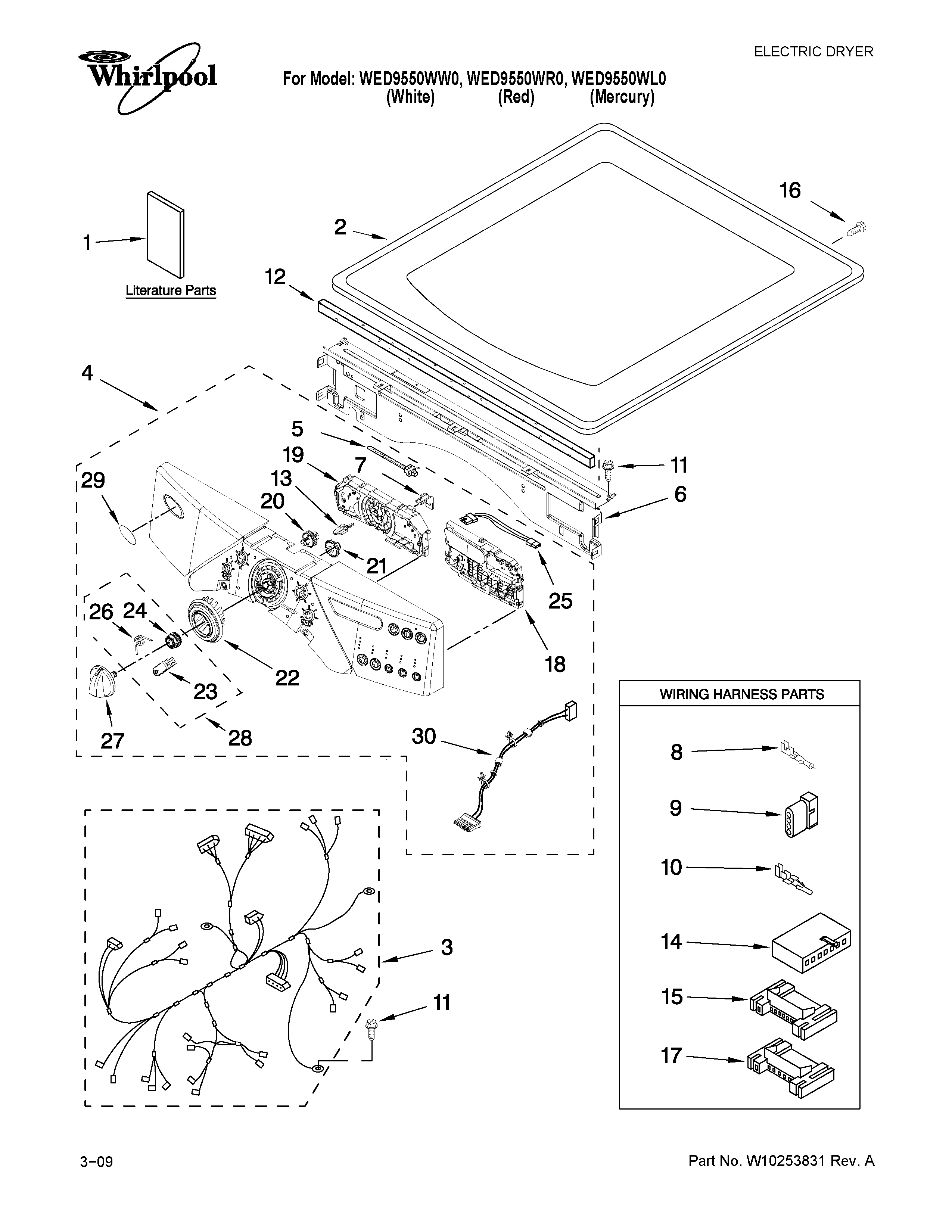 Whirlpool WED9550WL0 top and console parts diagram