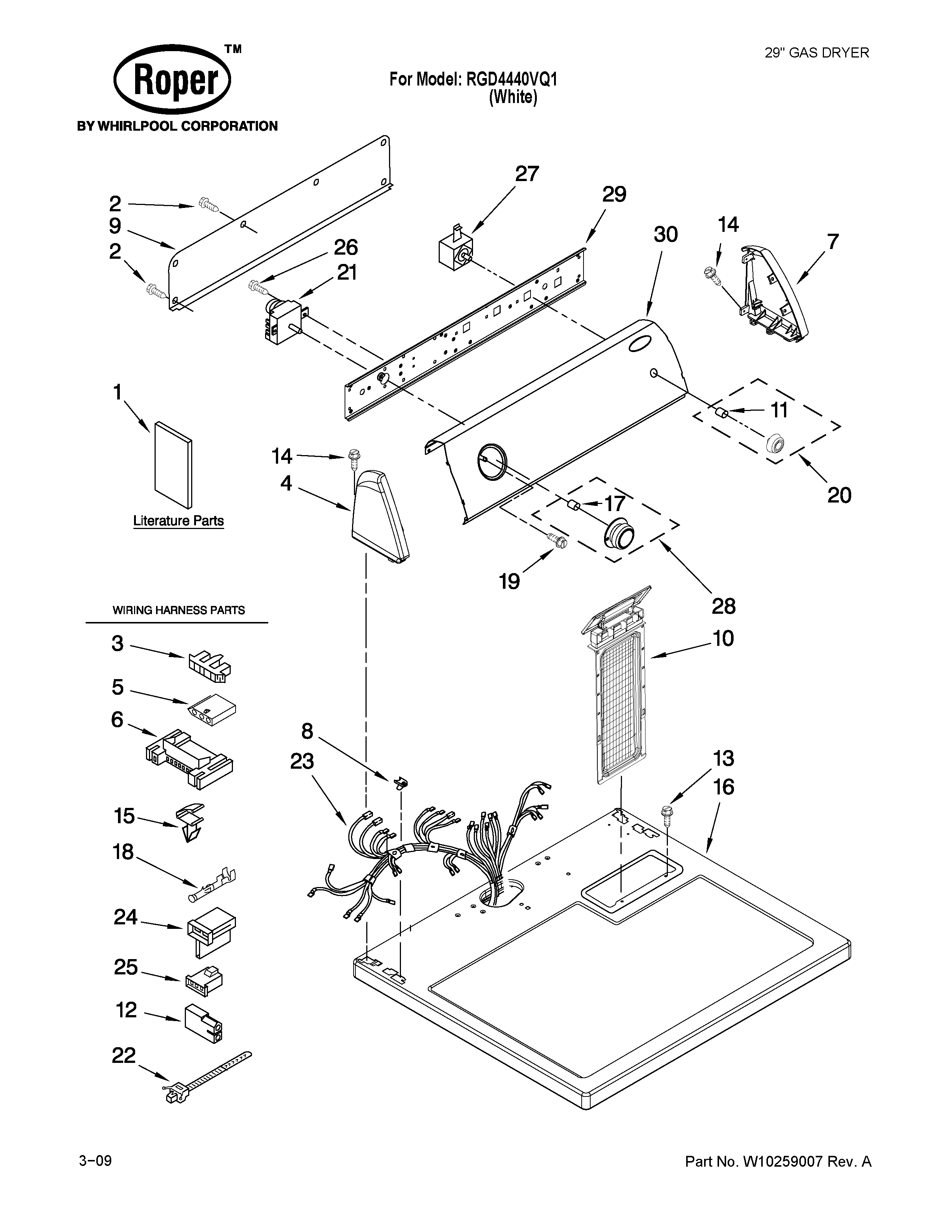 Roper RGD4440VQ1 top and console parts diagram