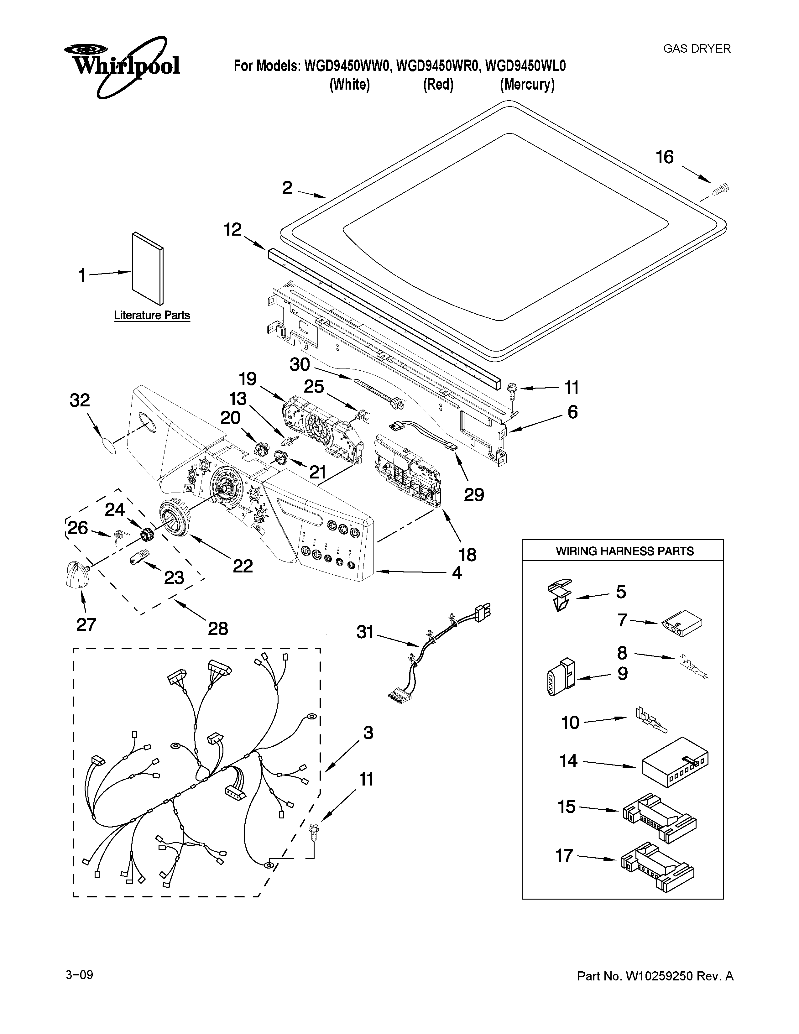 Whirlpool WGD9450WW0 top and console parts diagram