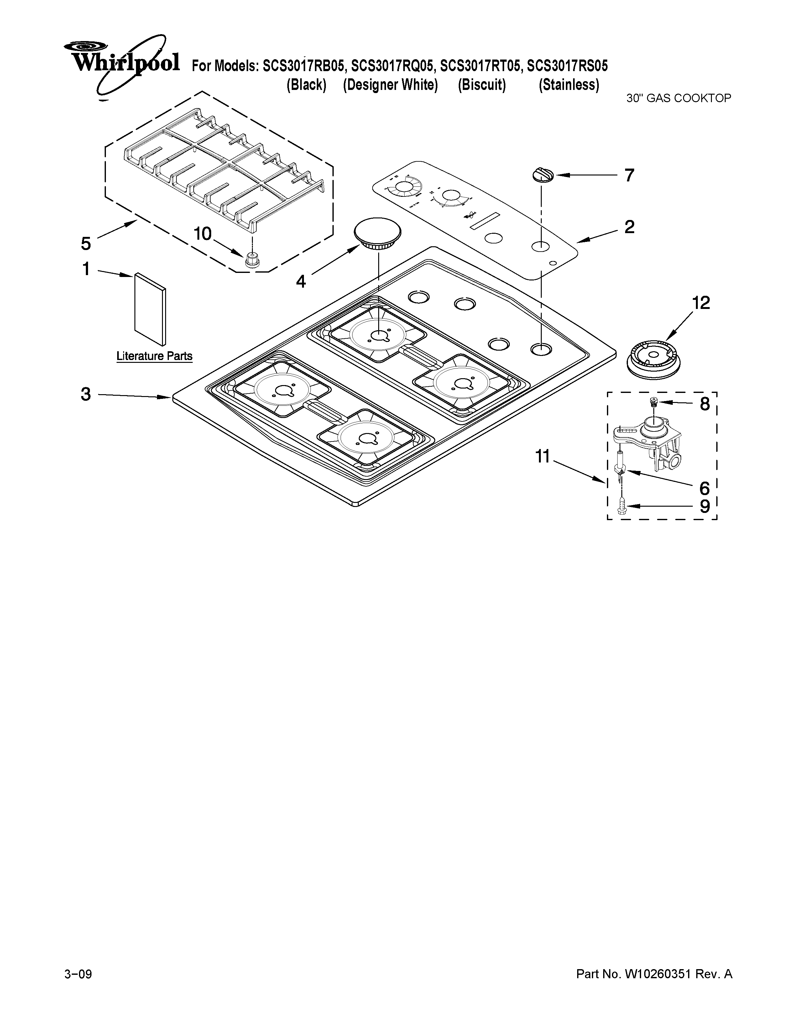 Whirlpool SCS3017RQ05 cooktop, burner and grate parts diagram