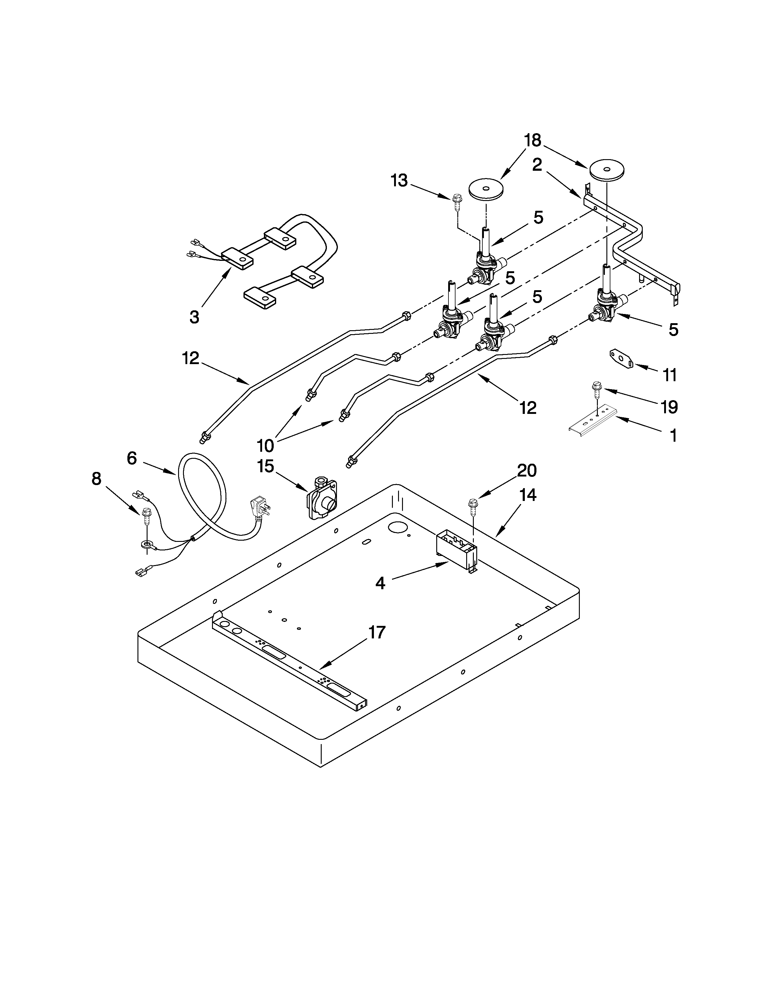 Whirlpool SCS3017RQ05 burner box, gas valves, and switches diagram