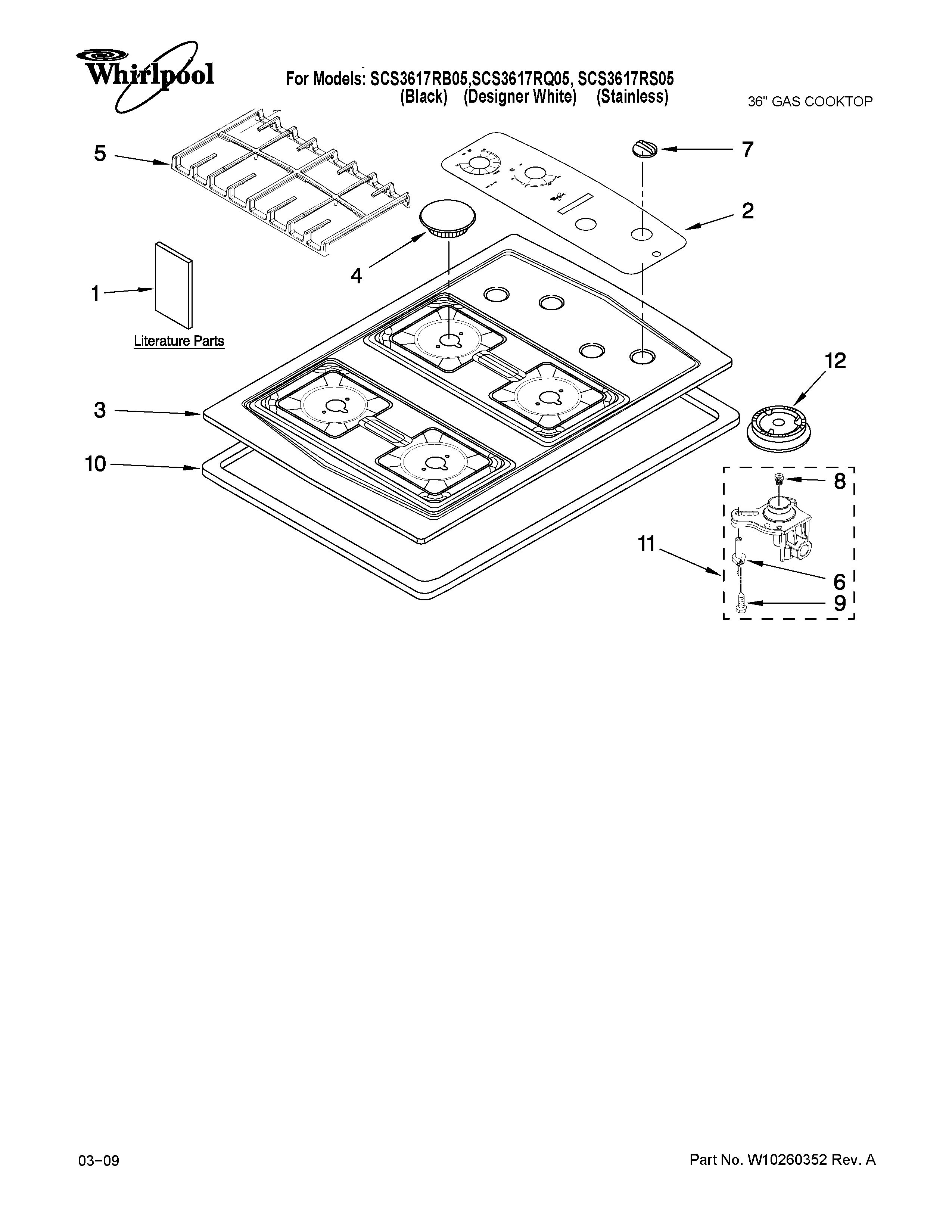 Whirlpool SCS3617RQ05 cooktop, burner and grate parts diagram