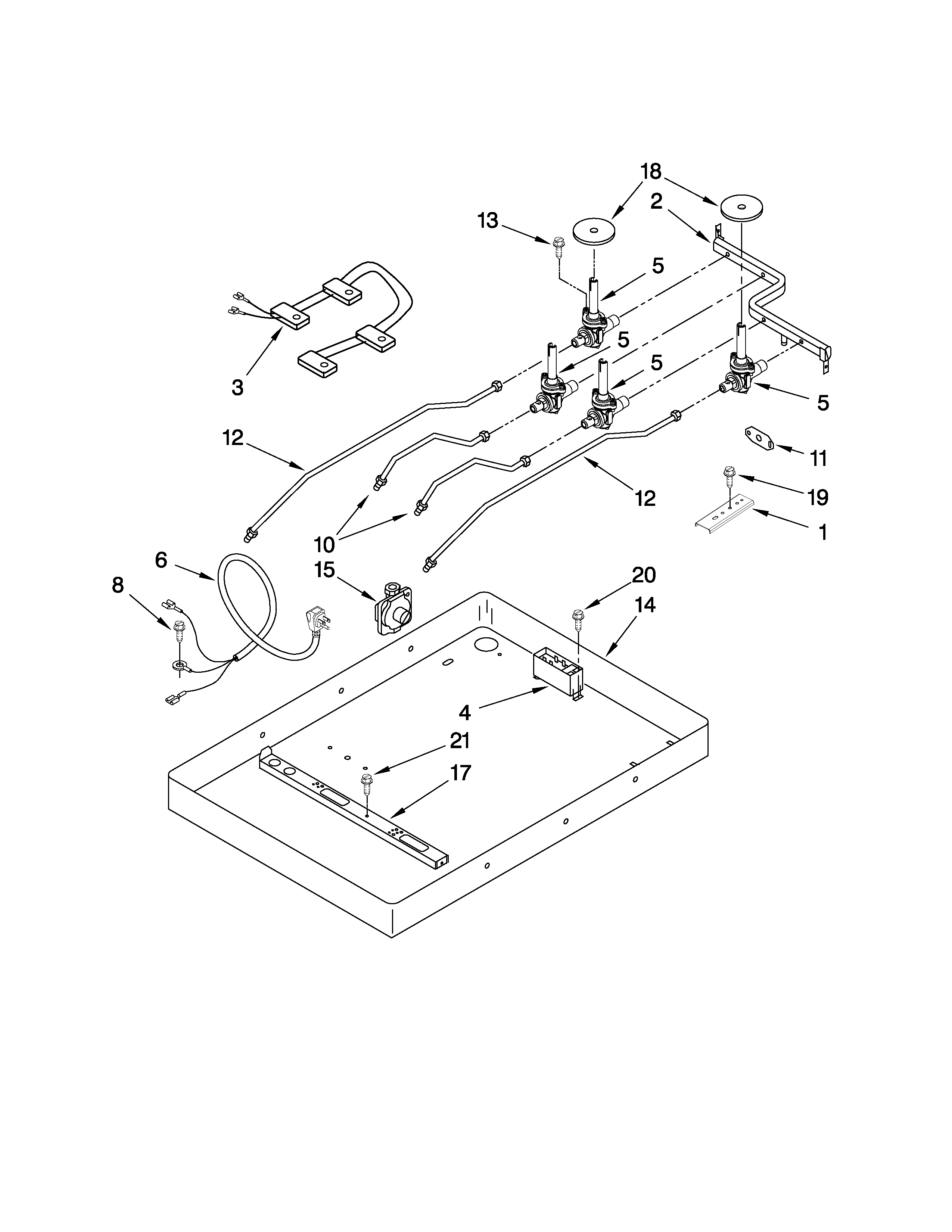 Whirlpool SCS3617RQ05 burner box, gas valves, and switches diagram