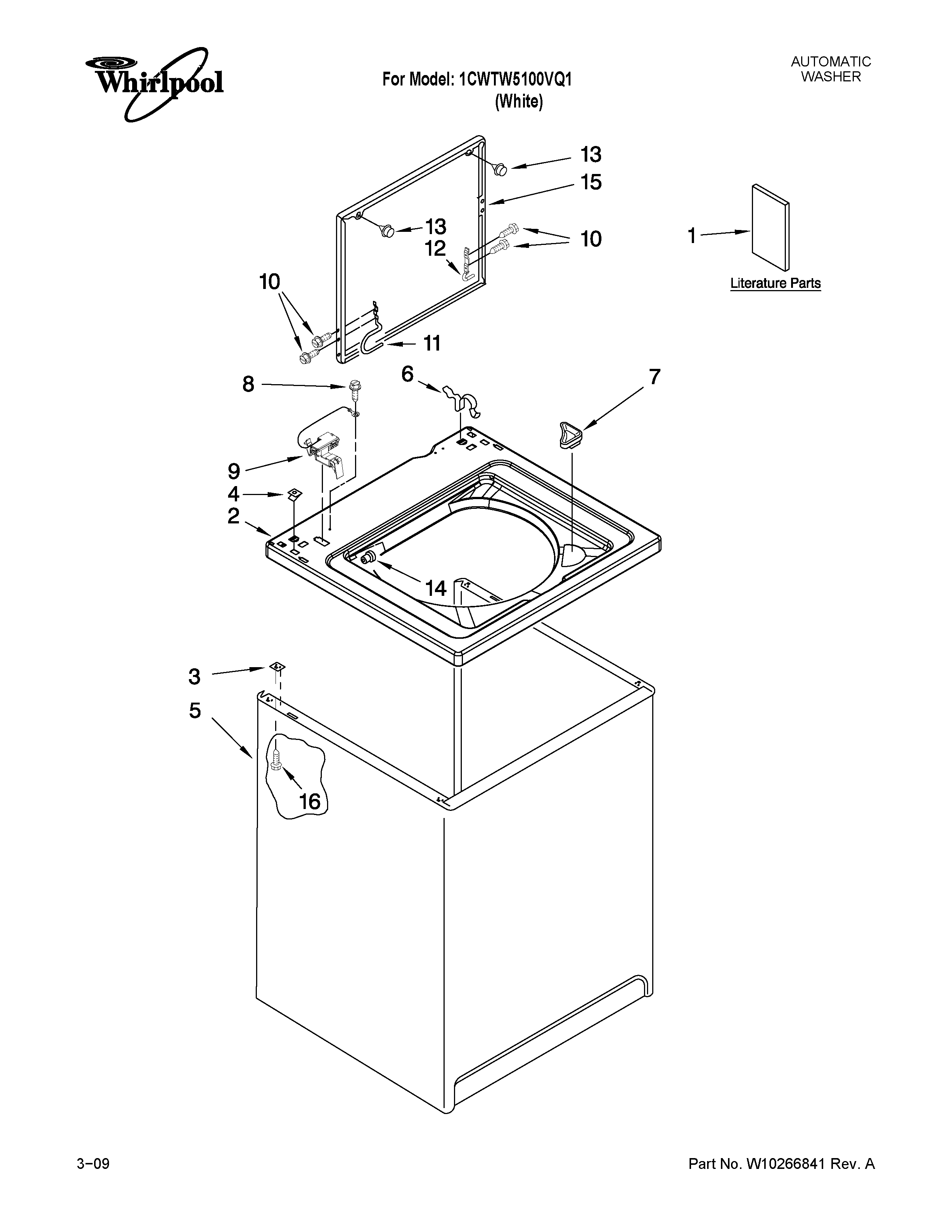 Whirlpool 1CWTW5100VQ1 top and cabinet parts diagram