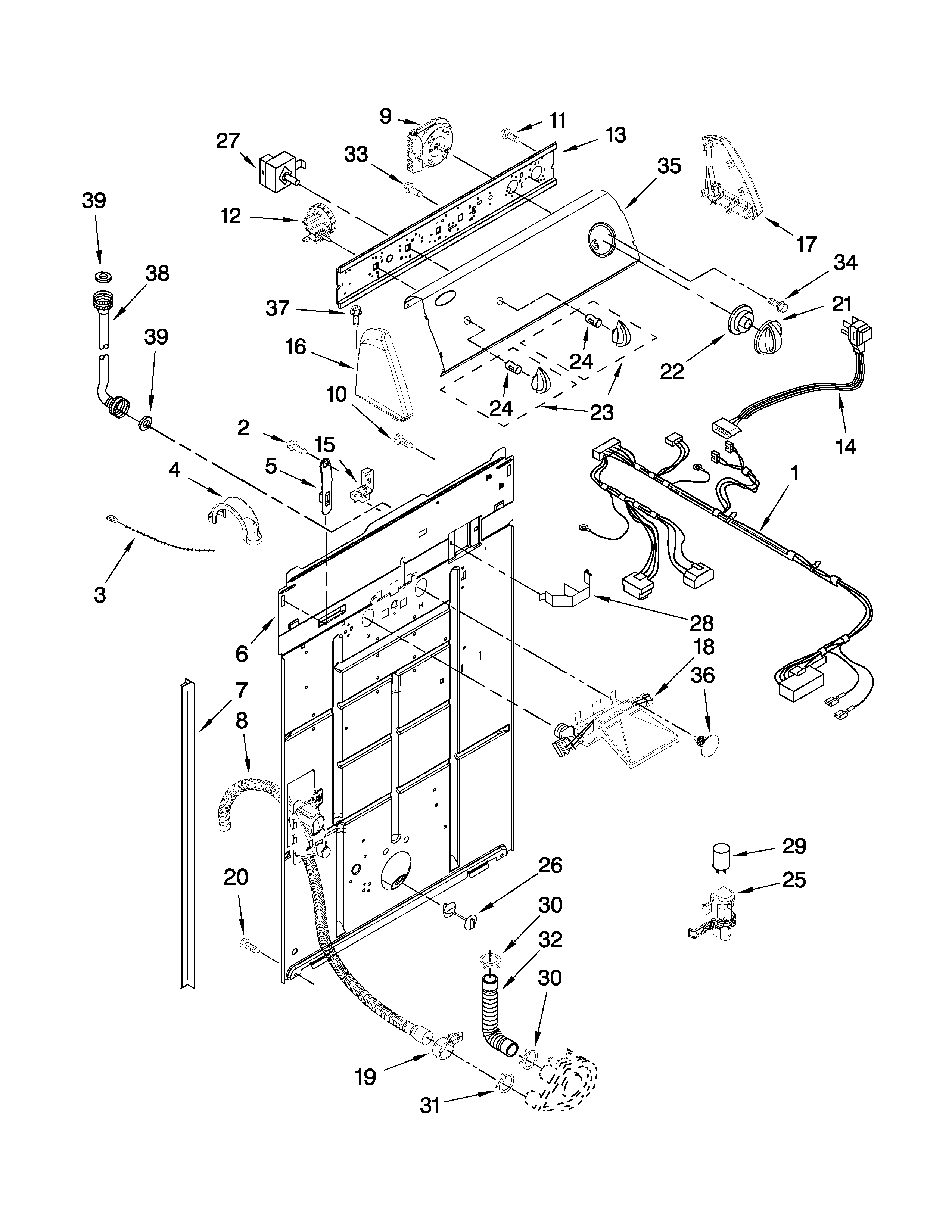 Whirlpool 1CWTW5100VQ1 controls and rear panel parts diagram