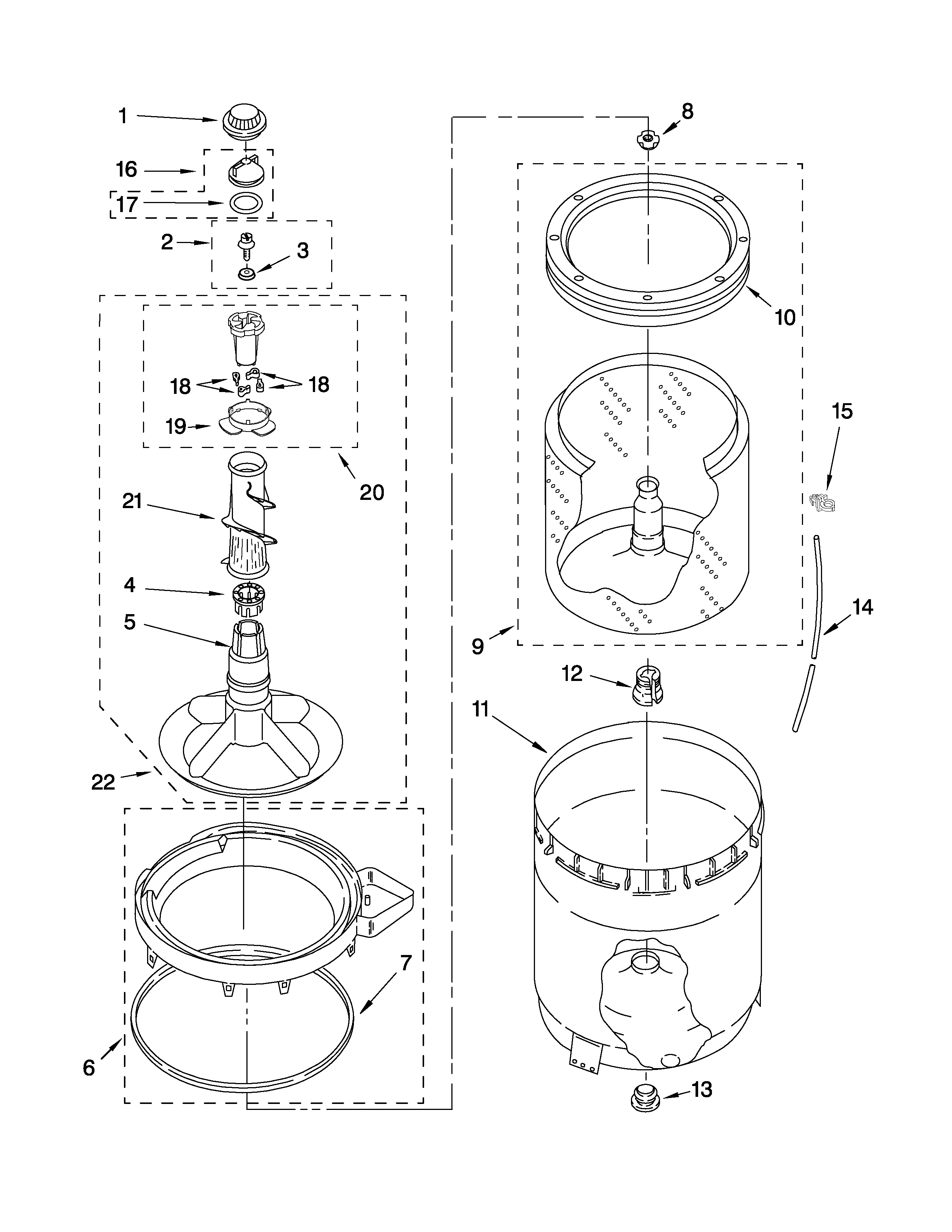 Whirlpool 1CWTW5100VQ1 agitator, basket and tub parts diagram