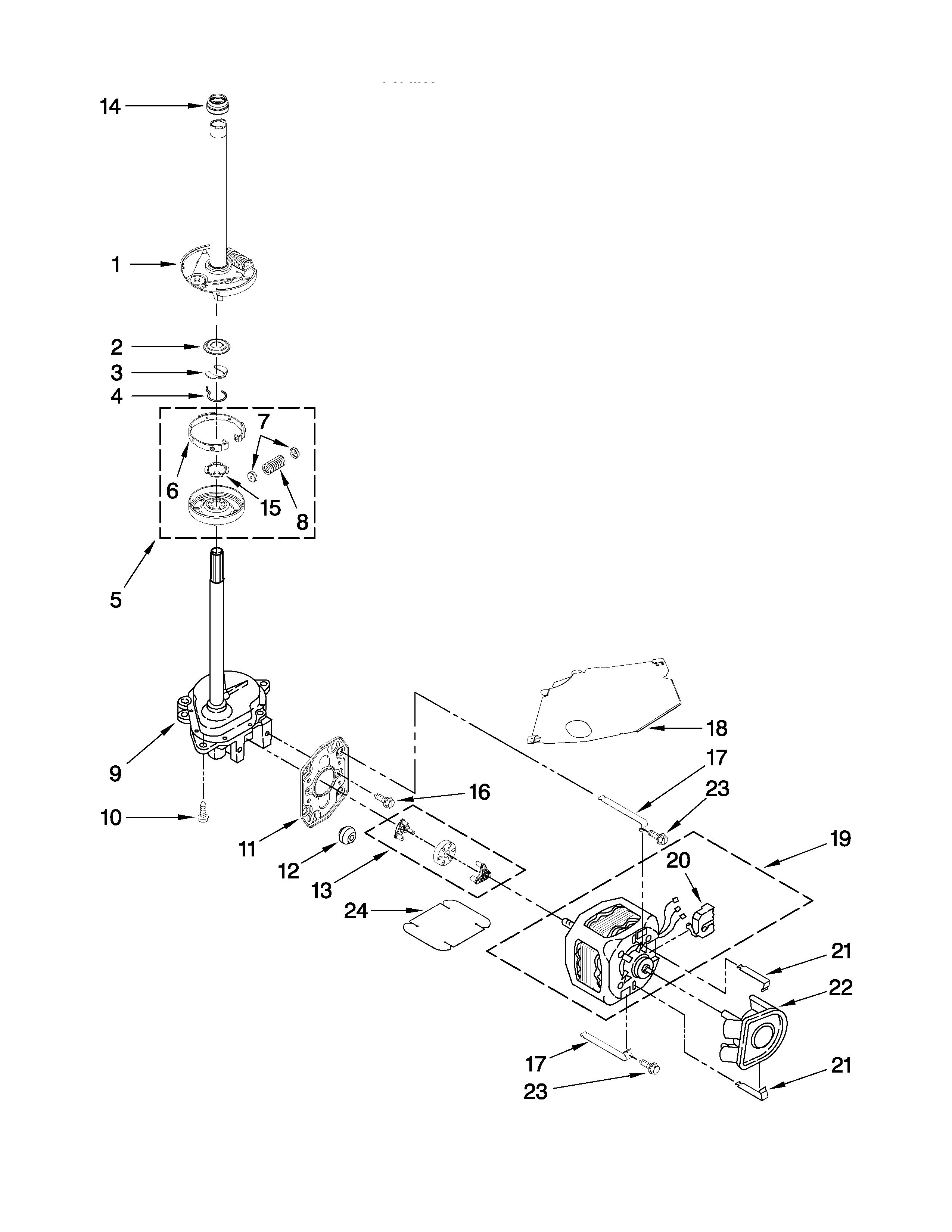 Whirlpool 1CWTW5100VQ1 brake, clutch, gearcase, motor and pump parts diagram