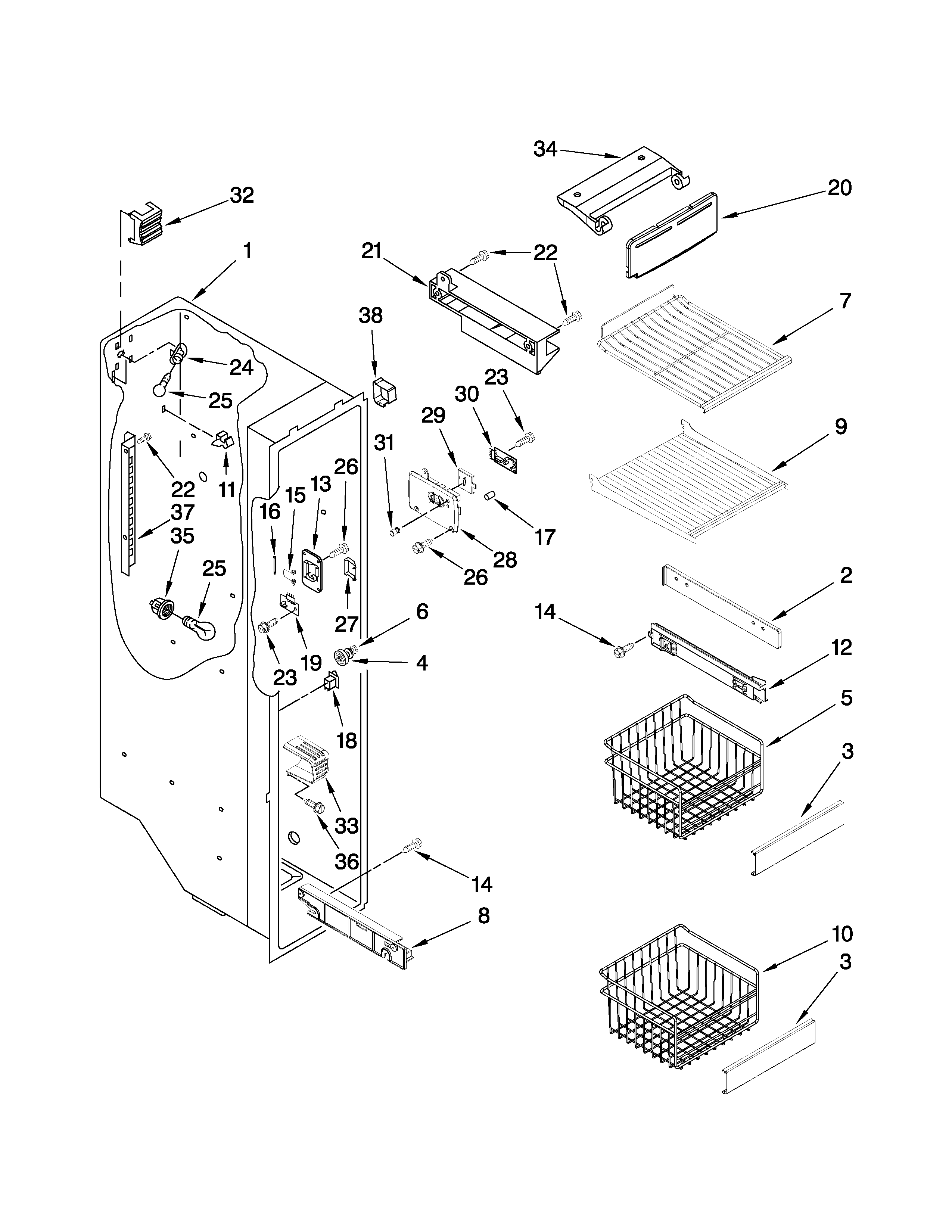 KitchenAid KSCK23FVSS01 freezer liner parts diagram