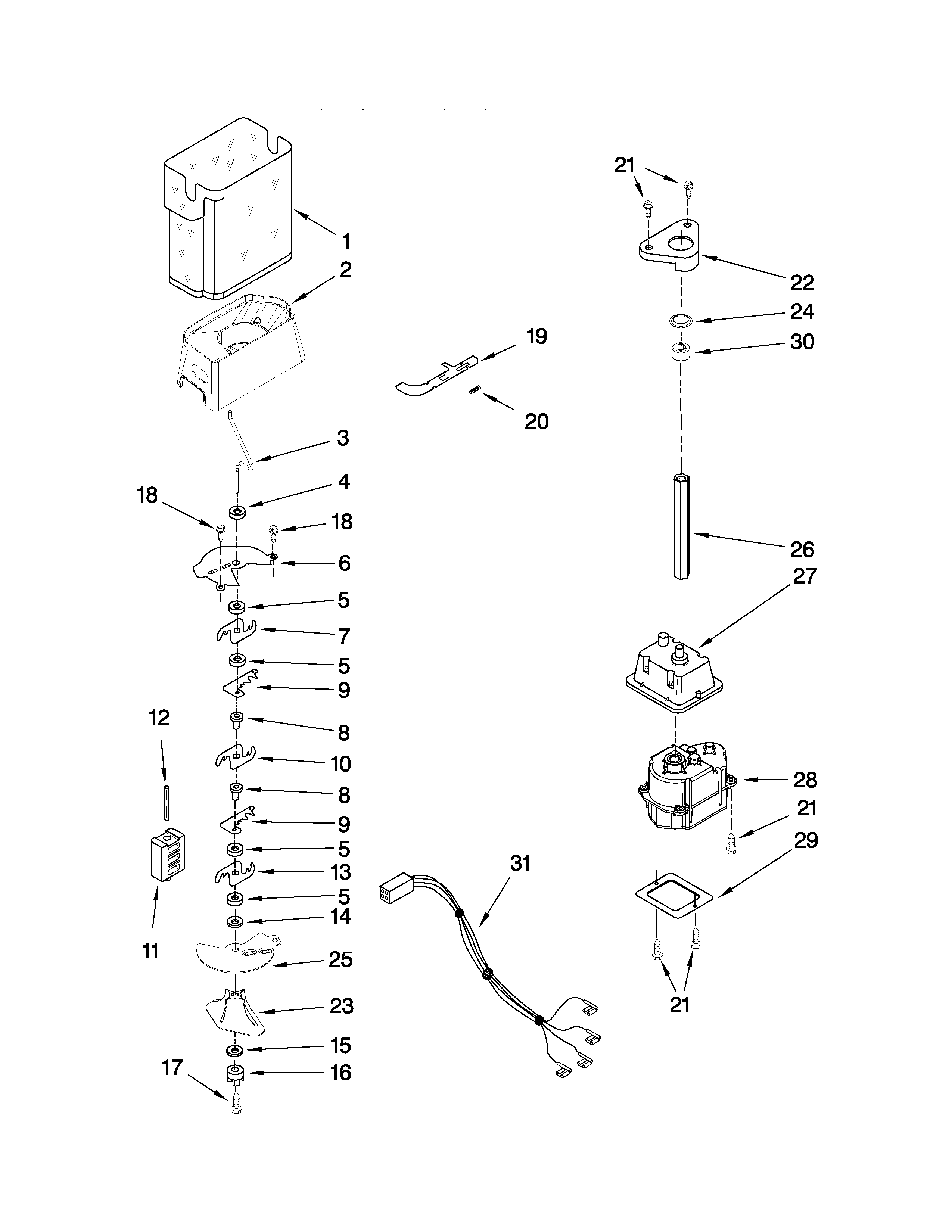 KitchenAid KSCK23FVSS01 motor and ice container parts diagram