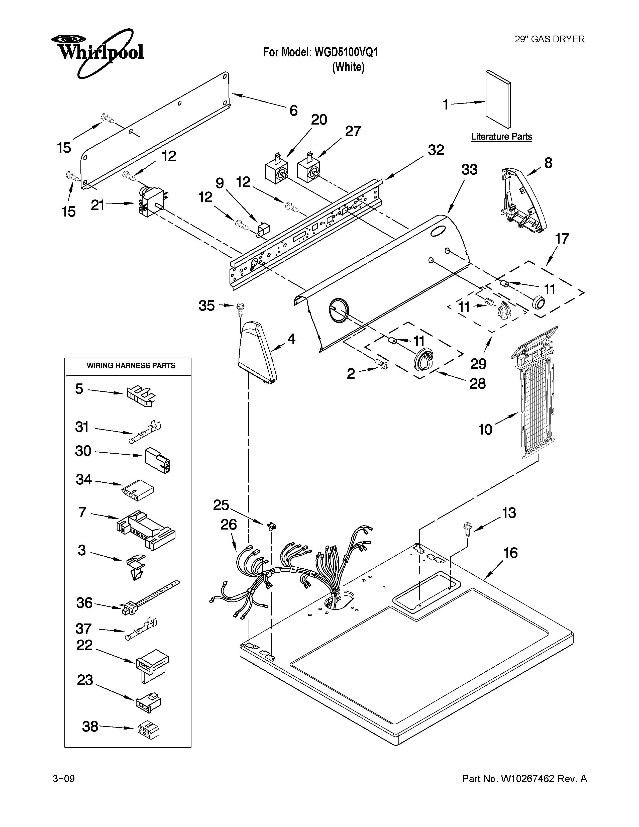 Whirlpool WGD5100VQ1 top and console parts diagram