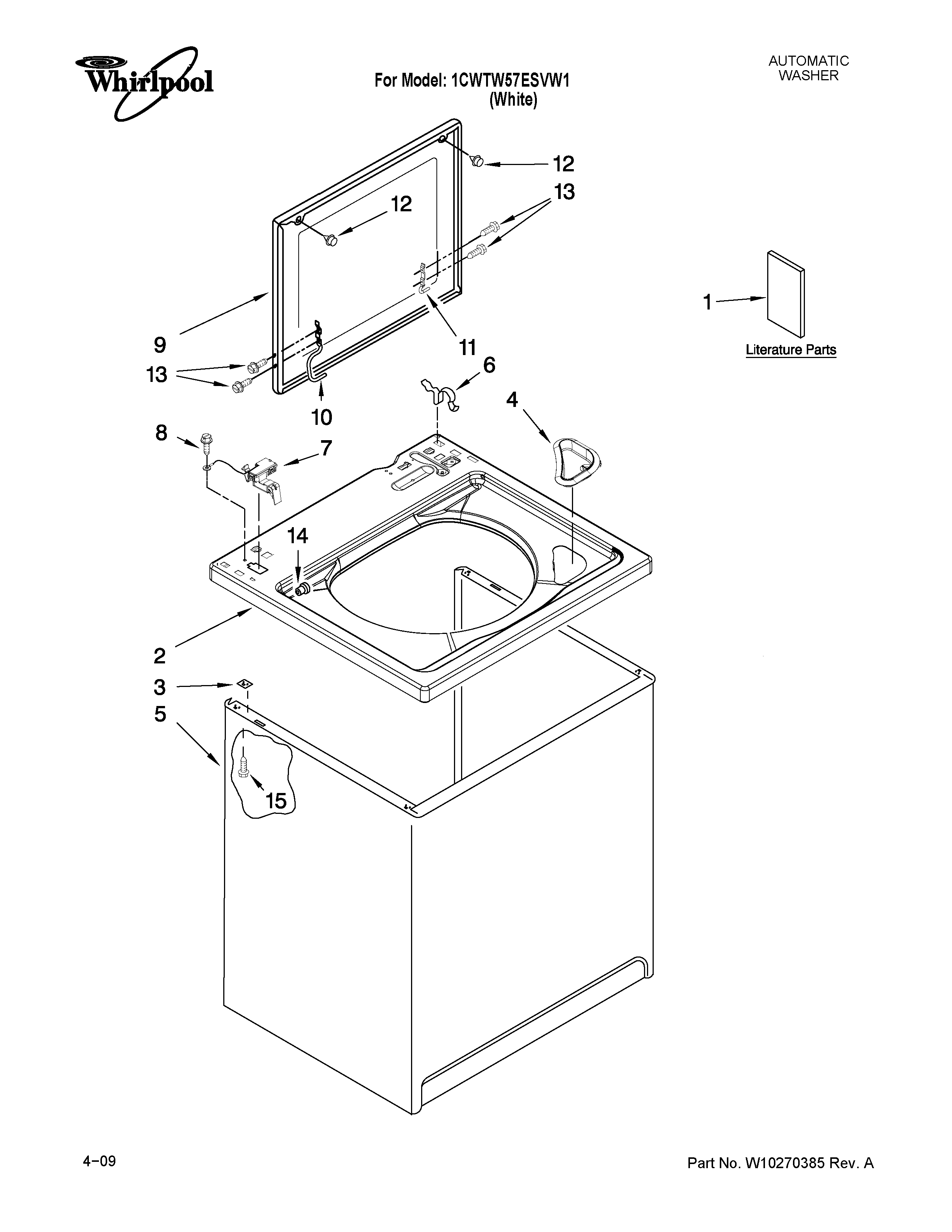 Whirlpool 1CWTW57ESVW1 top and cabinet parts diagram