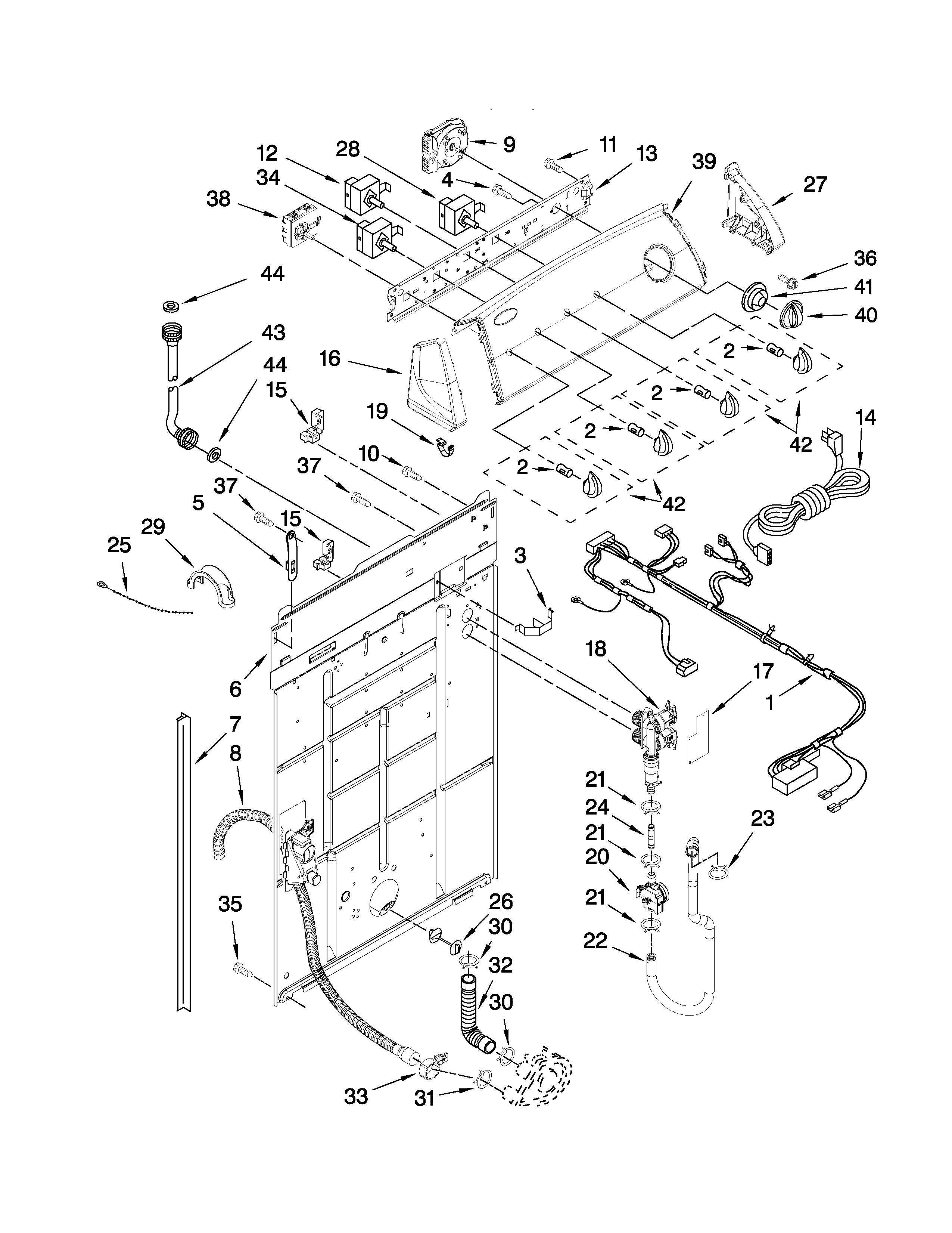 Whirlpool 1CWTW57ESVW1 controls and rear panel parts diagram