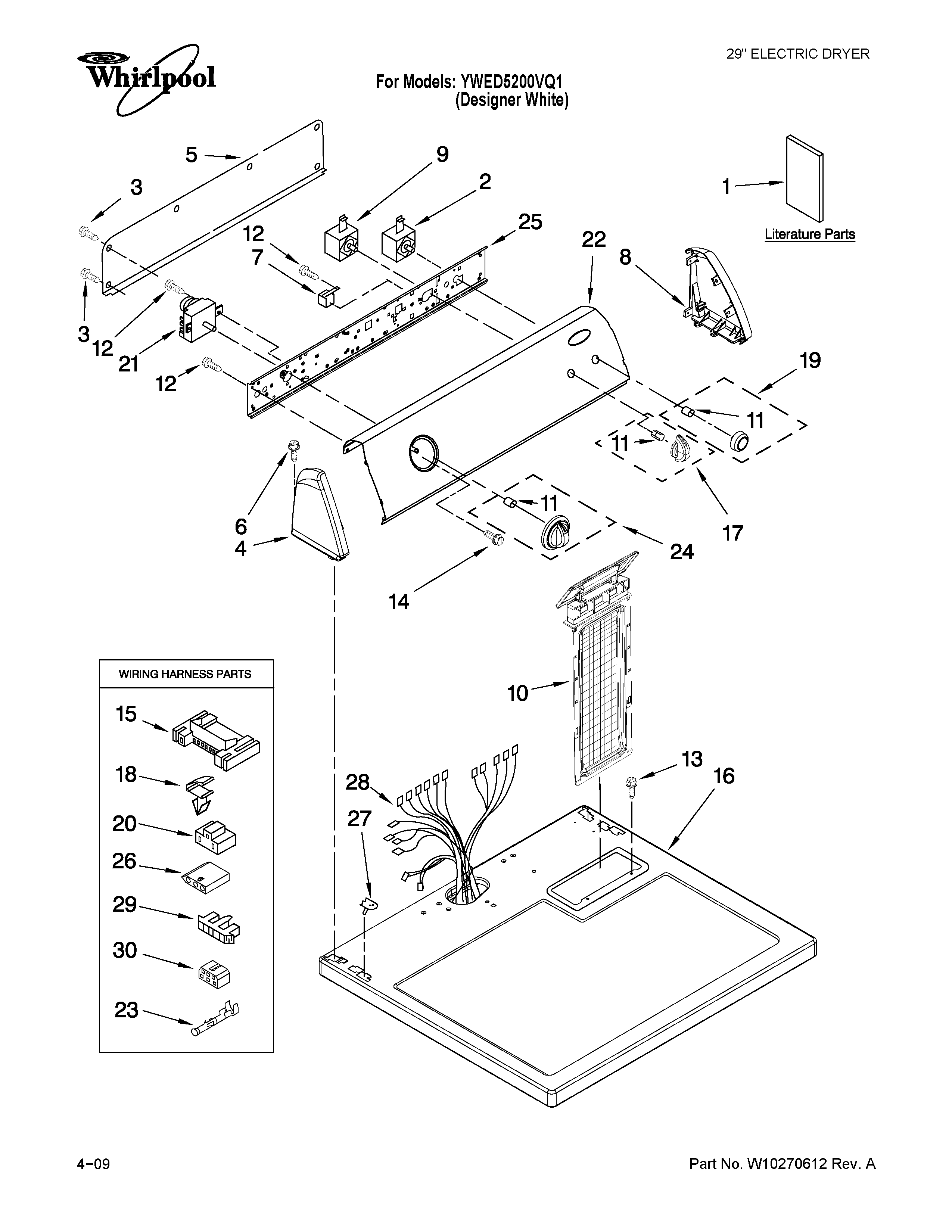 Whirlpool YWED5200VQ1 top and console parts diagram