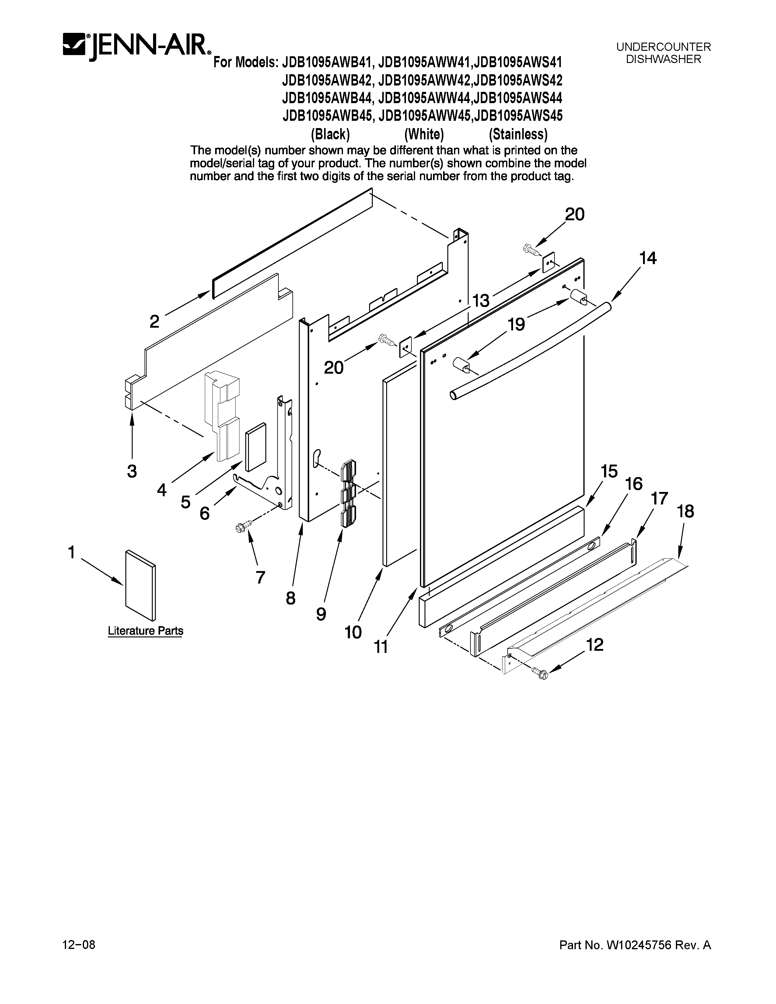 Jenn-Air JDB1095AWB42 door and panel parts diagram