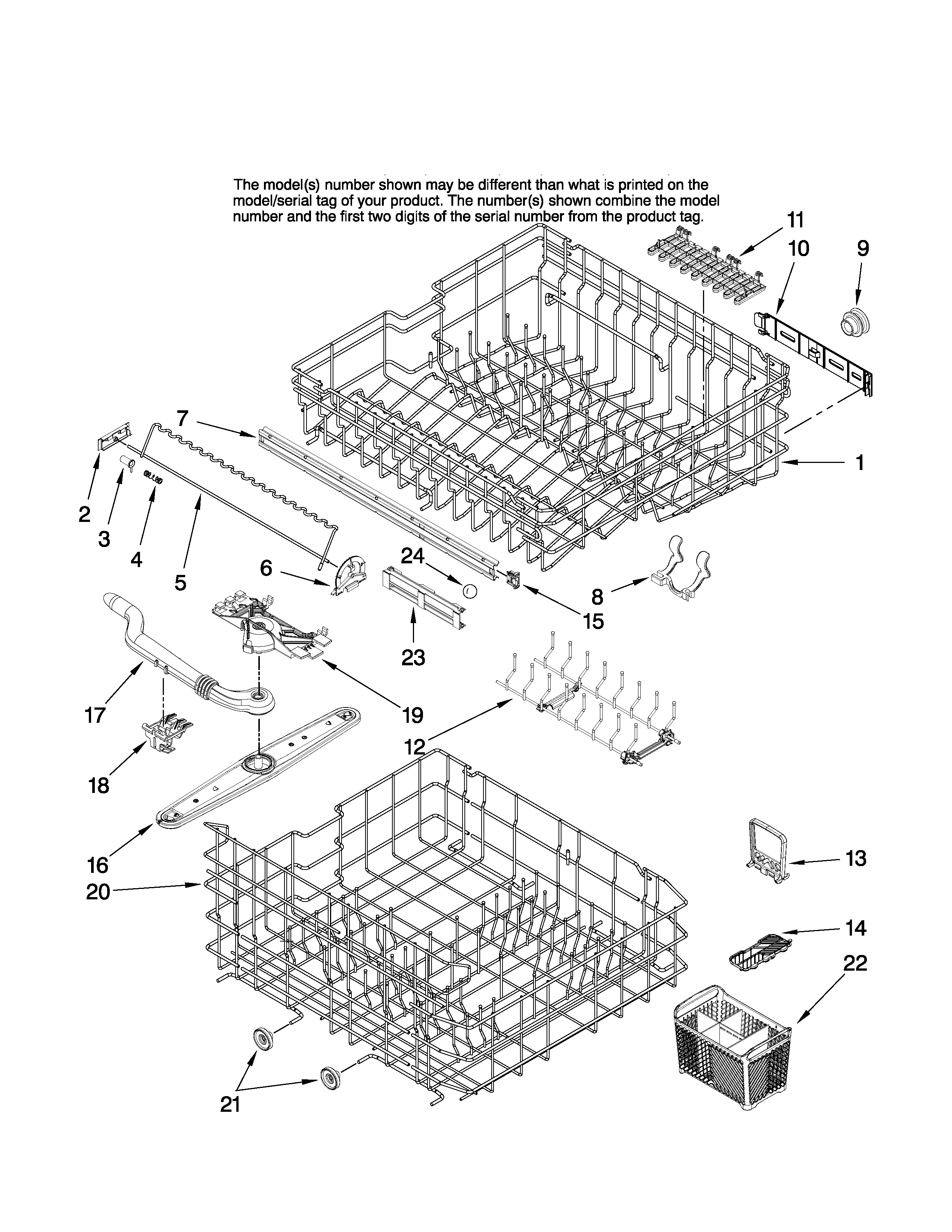 Jenn-Air JDB1095AWB42 upper and lower rack parts diagram