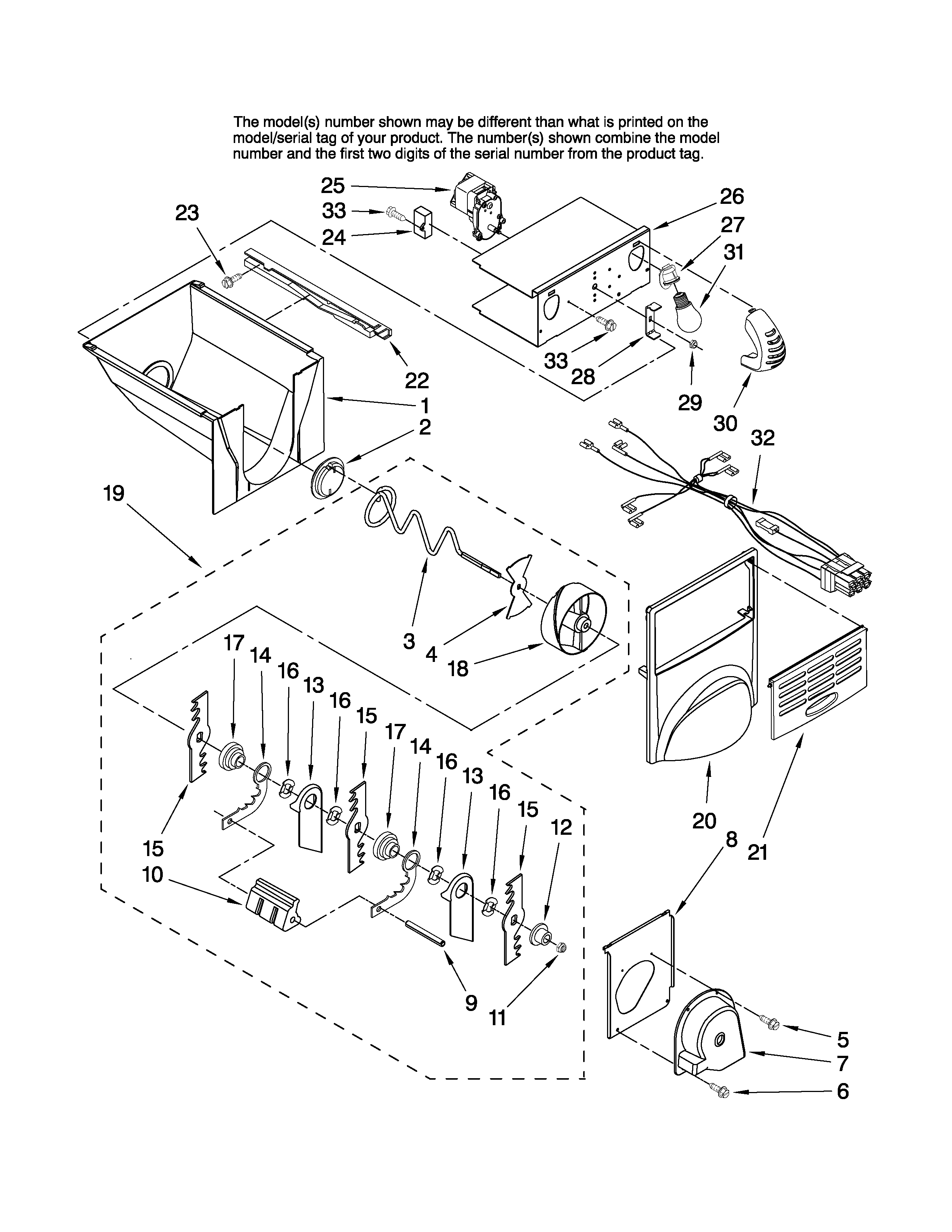 Jenn-Air JS2628HEKB13 motor and ice container parts diagram