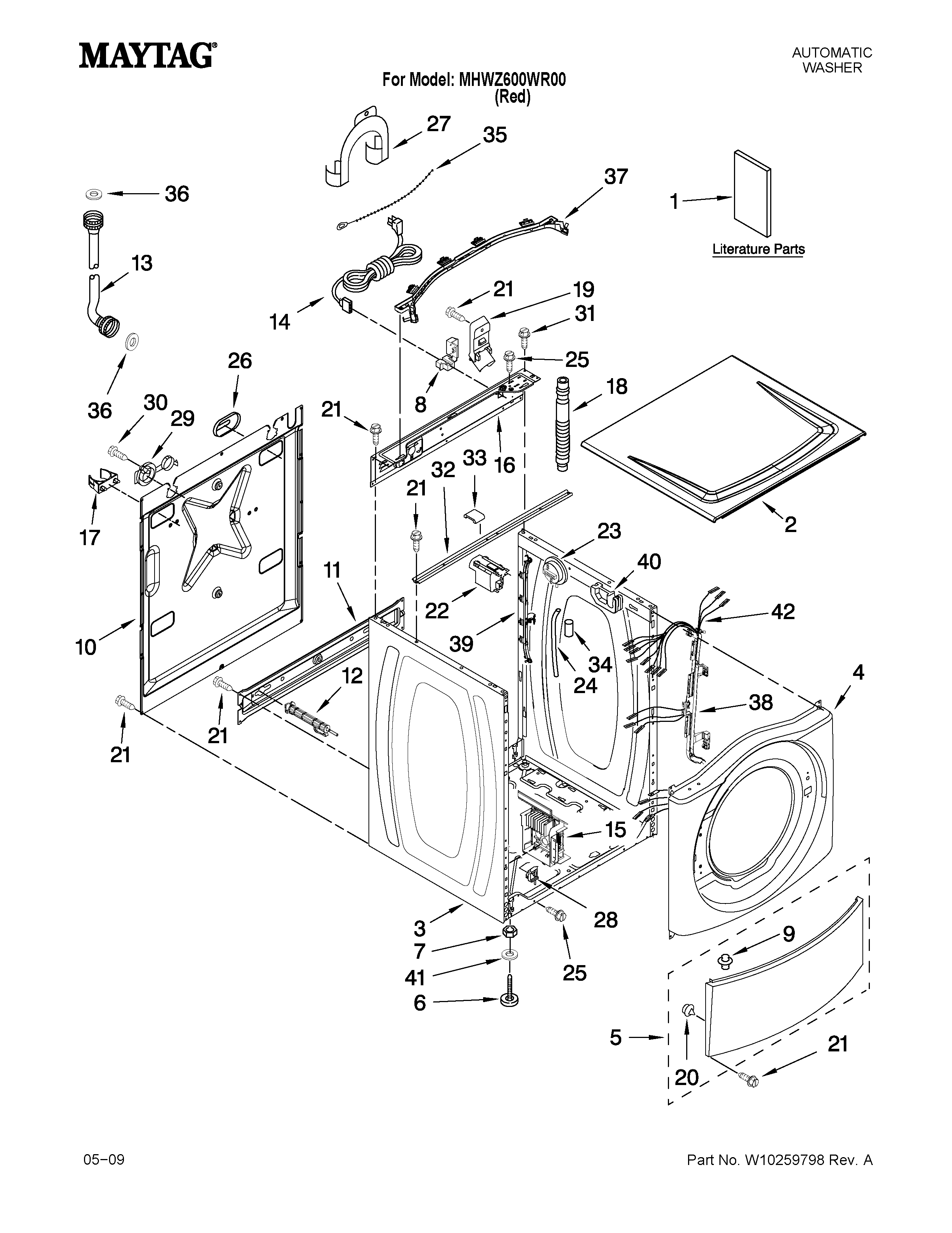 Maytag MHWZ600WR00 top and cabinet parts diagram