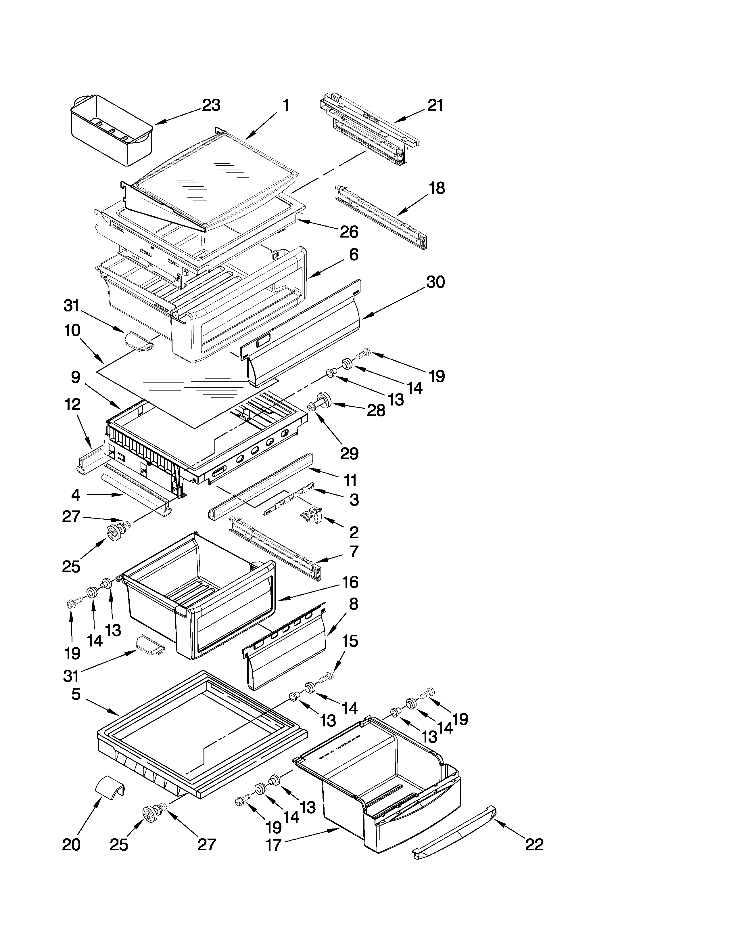 KitchenAid KSCS23FTMS01 refrigerator shelf parts diagram