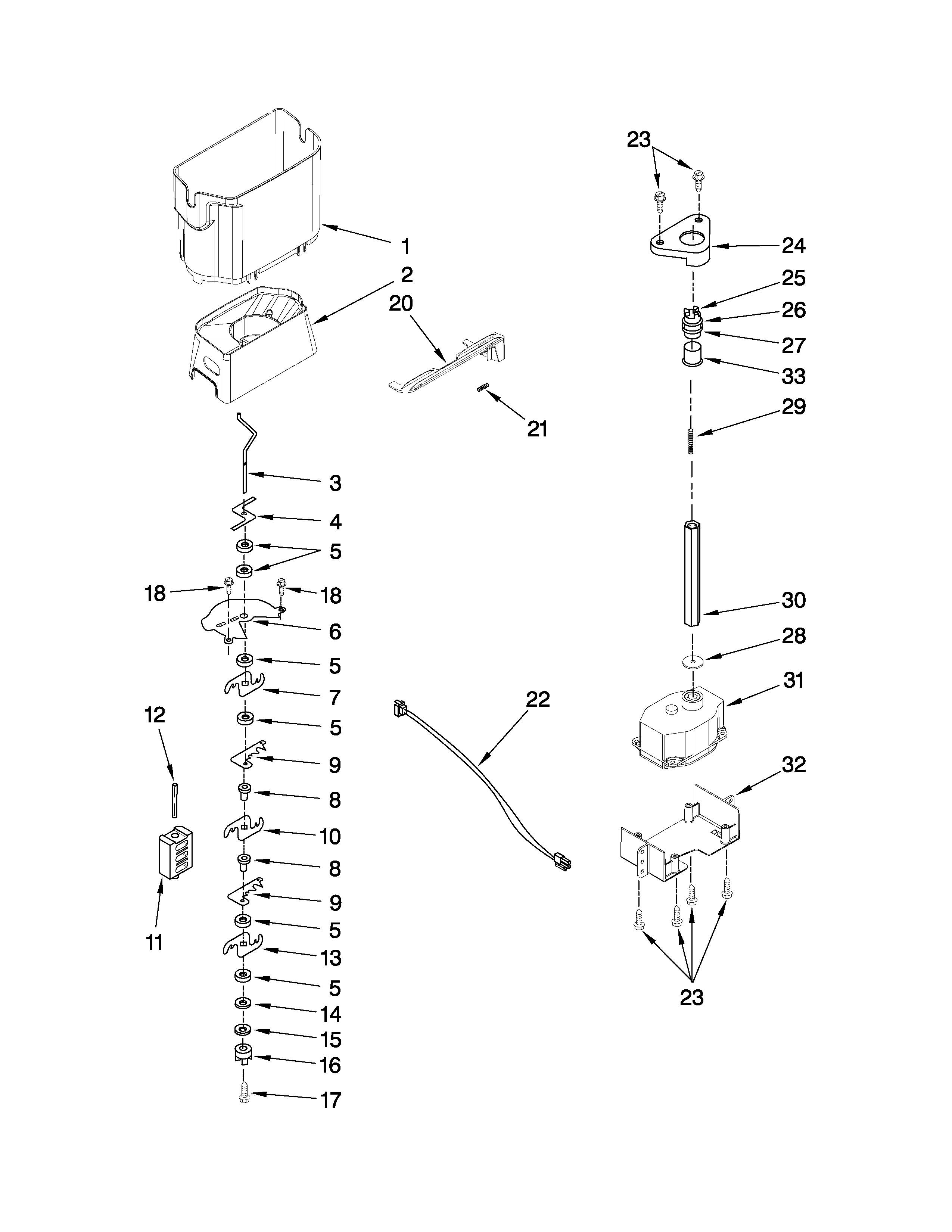 KitchenAid KSCS23FTMS01 motor and ice container parts diagram