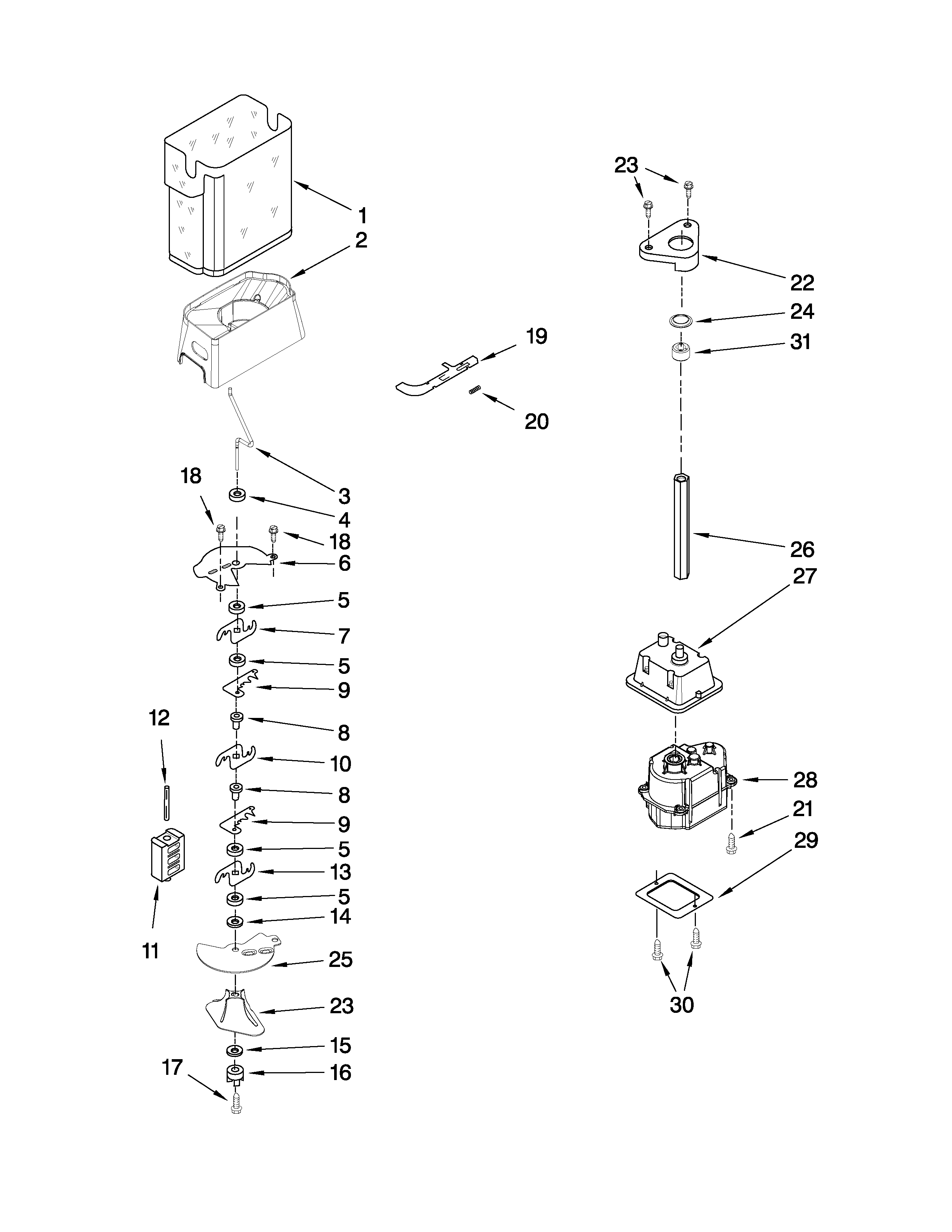 Whirlpool ED5HVAXVL01 motor and ice container parts diagram