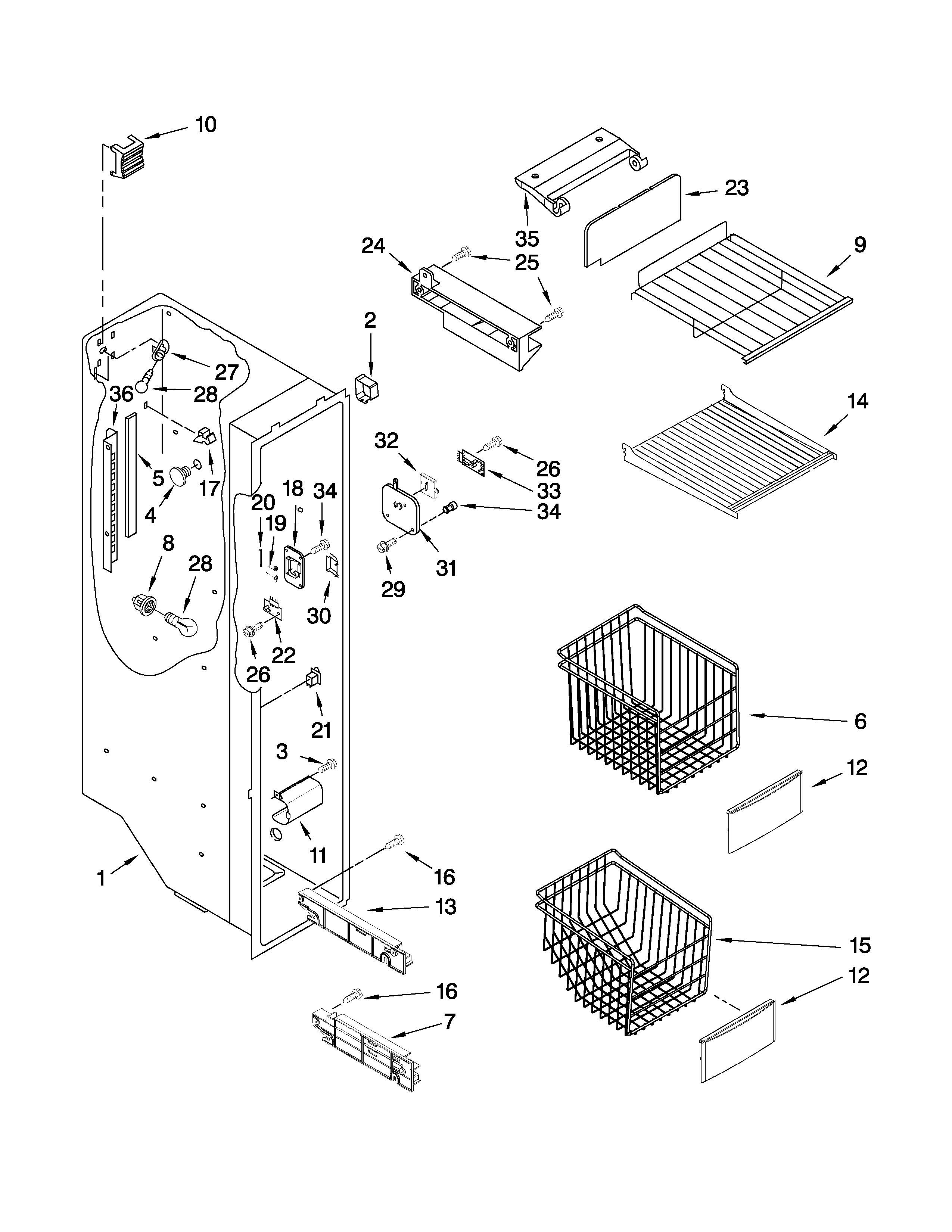 KitchenAid KSRX25FTWH02 freezer liner parts diagram