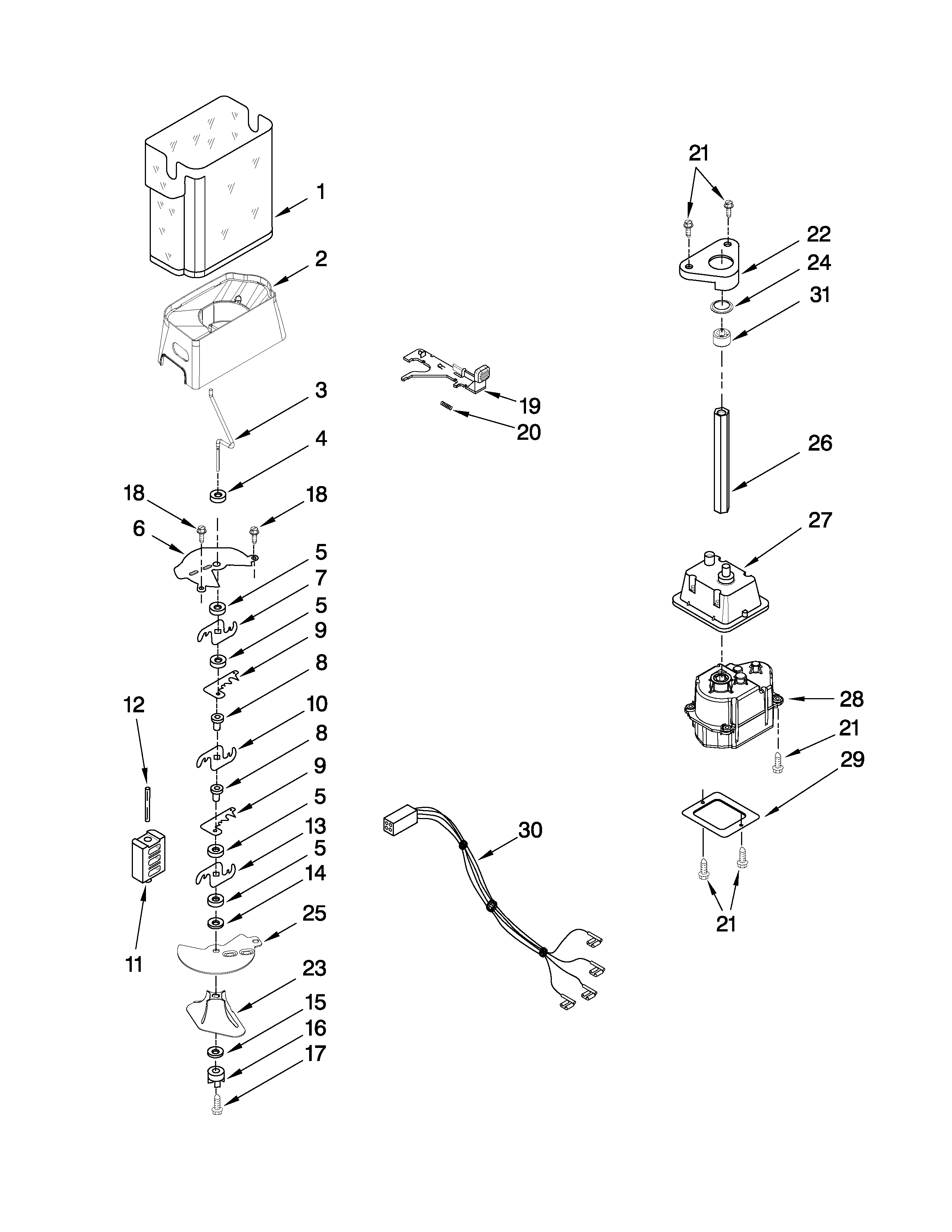 KitchenAid KSRX25FTWH02 motor and ice container parts diagram