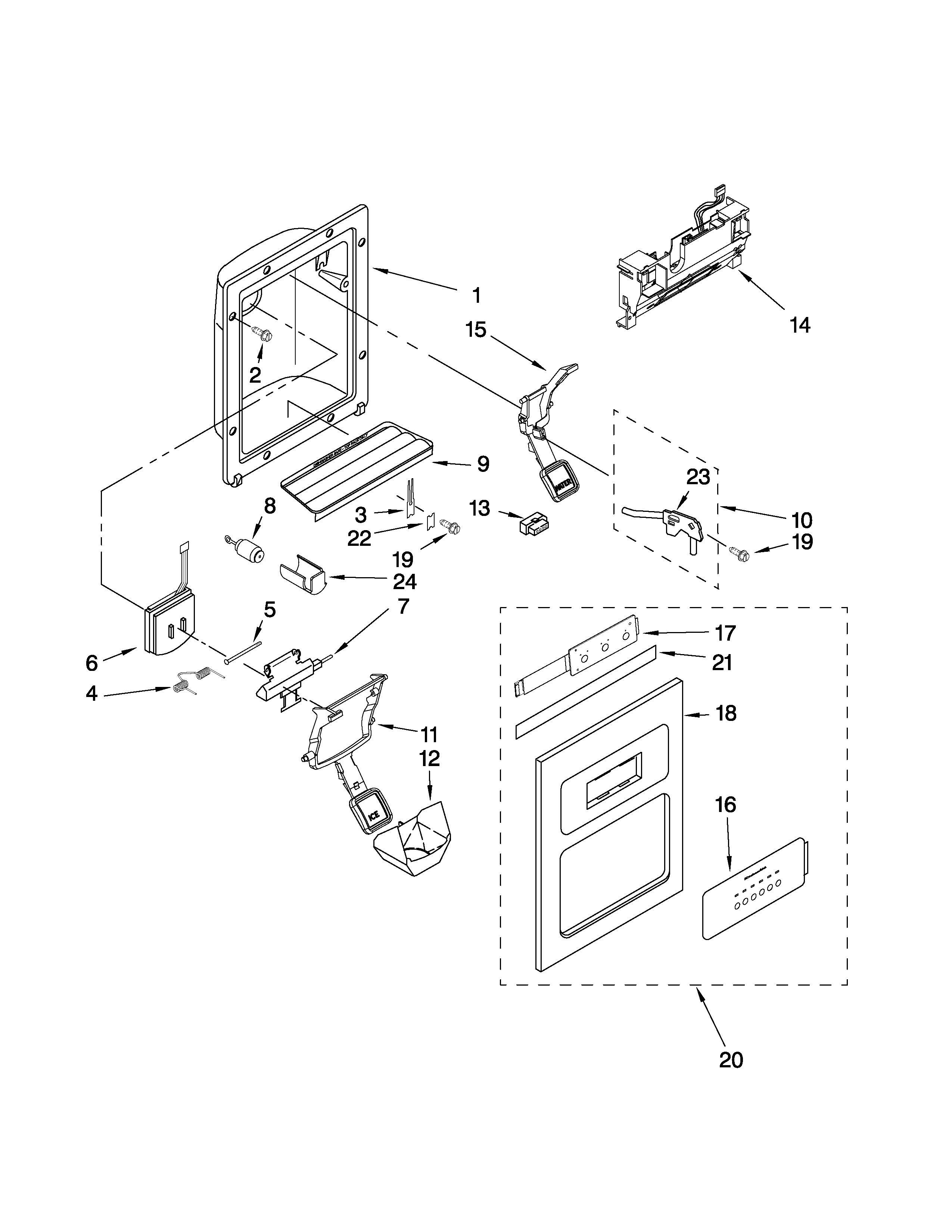 KitchenAid KSRX25FTWH02 dispenser front parts diagram