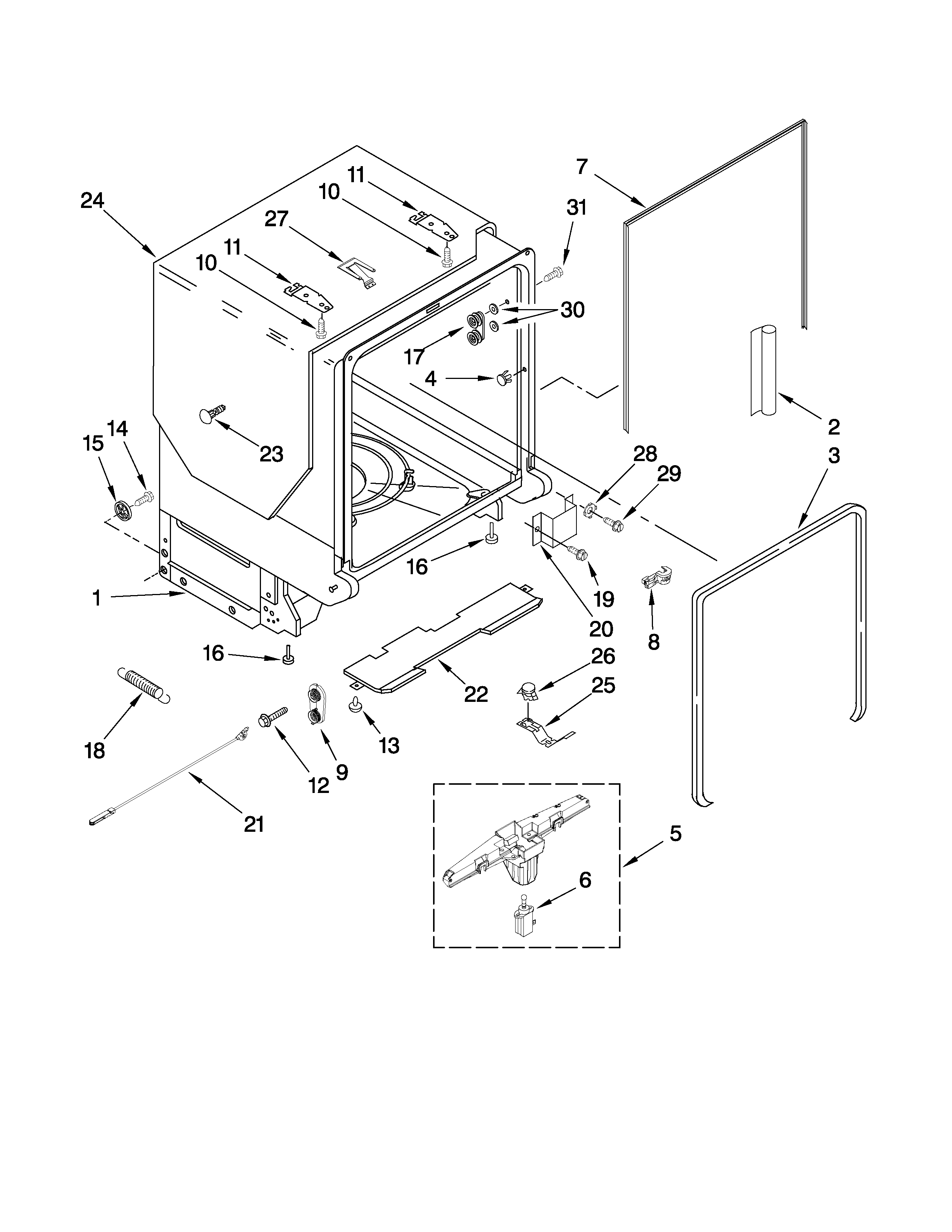 KitchenAid KUDS03FTWH3 tub and frame parts diagram