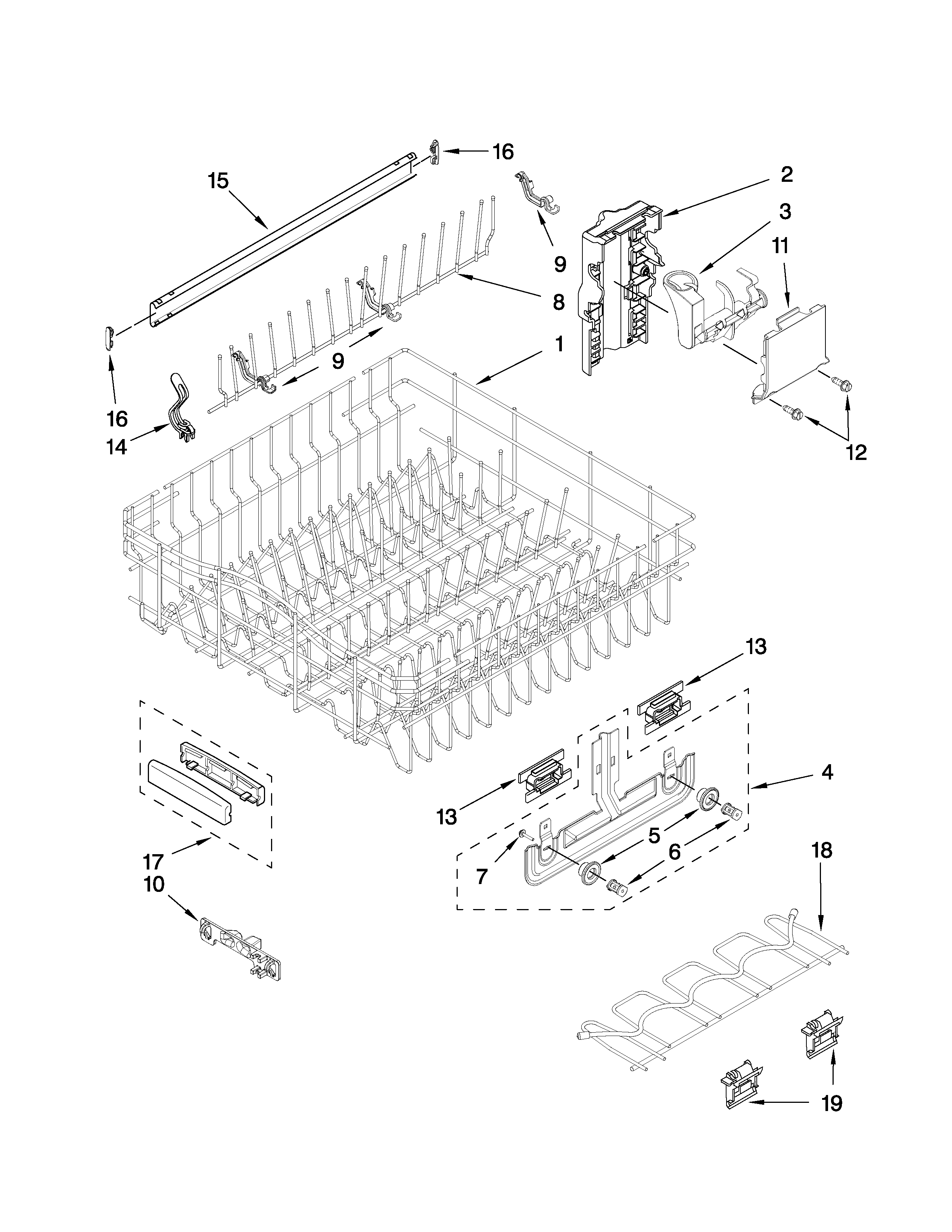 KitchenAid KUDS03FTWH3 upper rack and track parts diagram