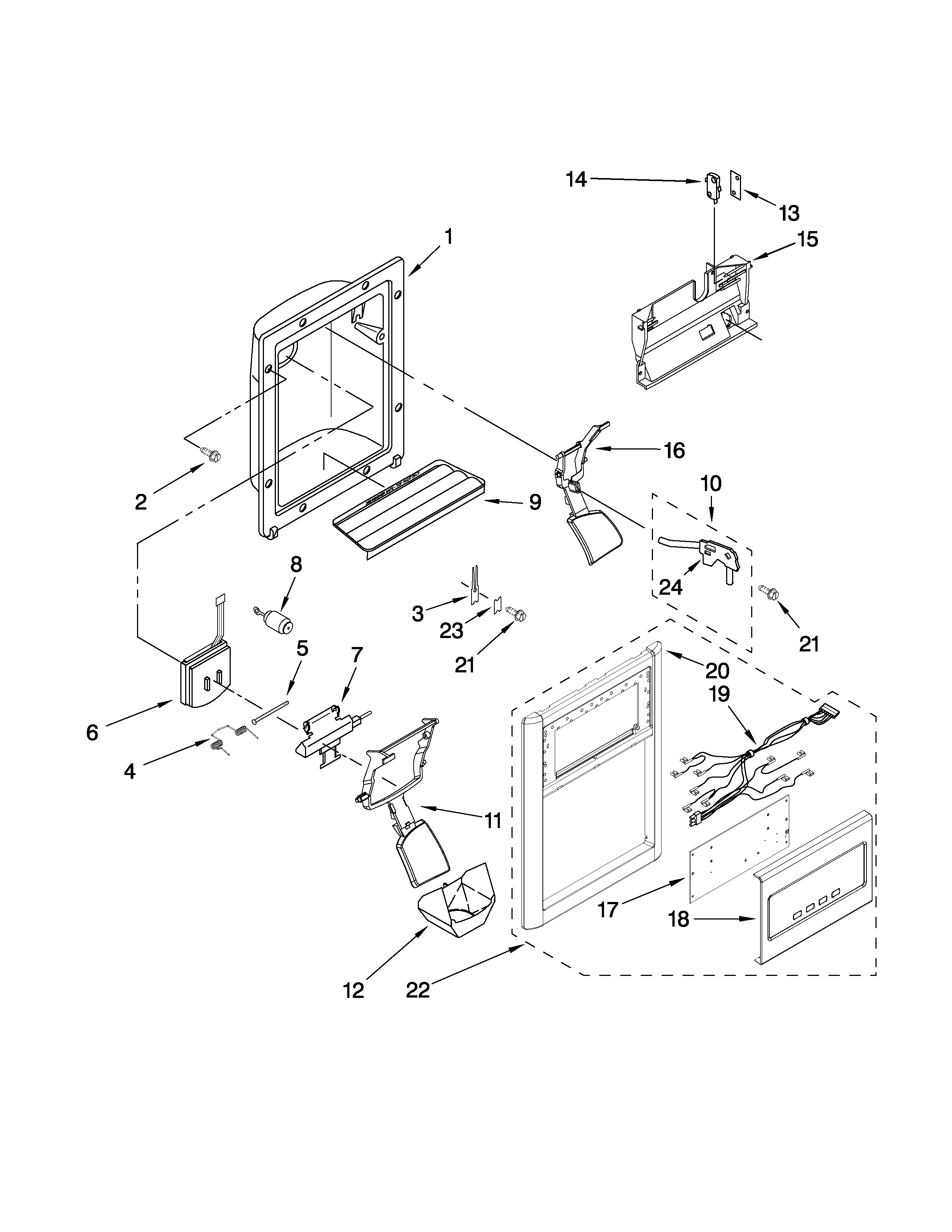 KitchenAid KSRV22FVBL01 dispenser front parts diagram