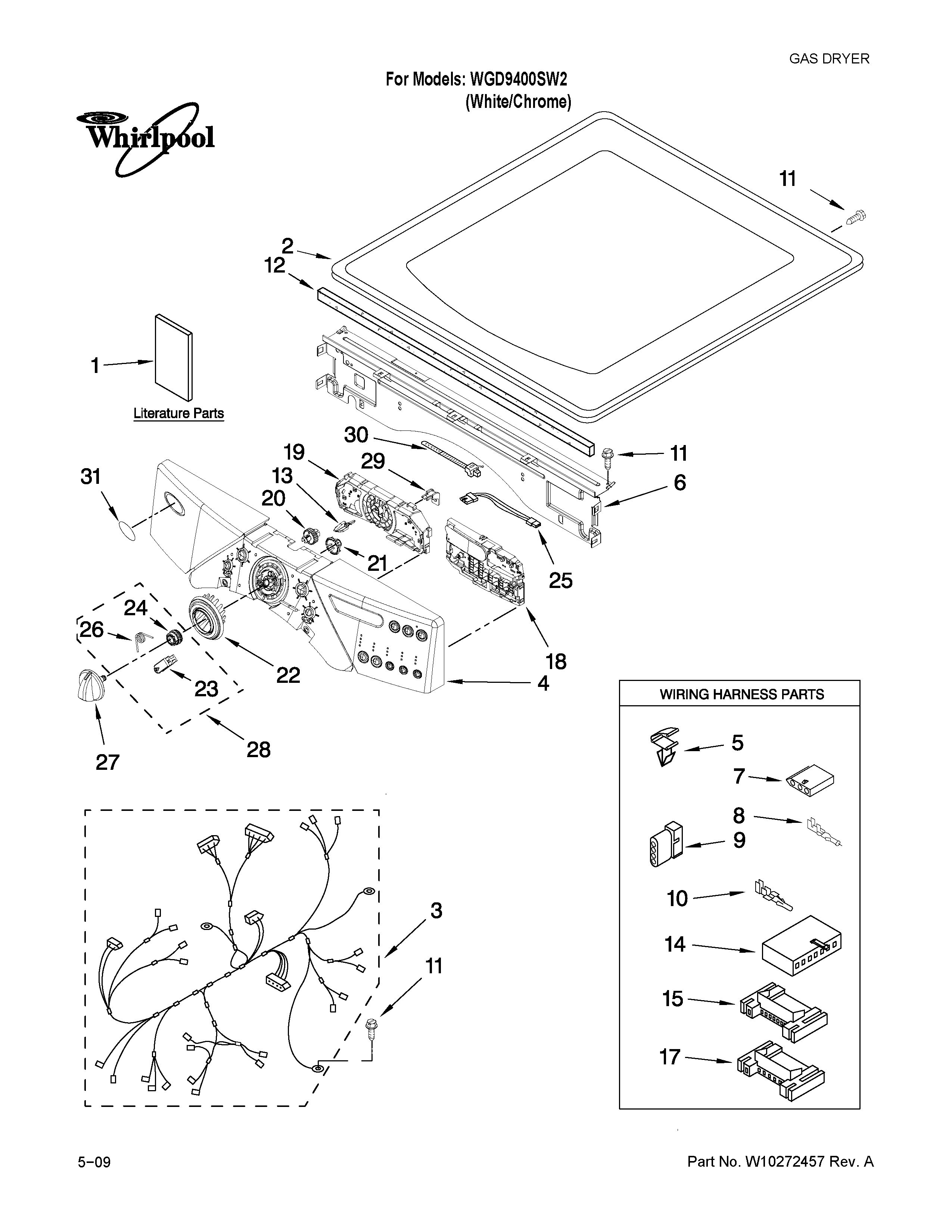 Whirlpool WGD9400SW2 top and console parts diagram