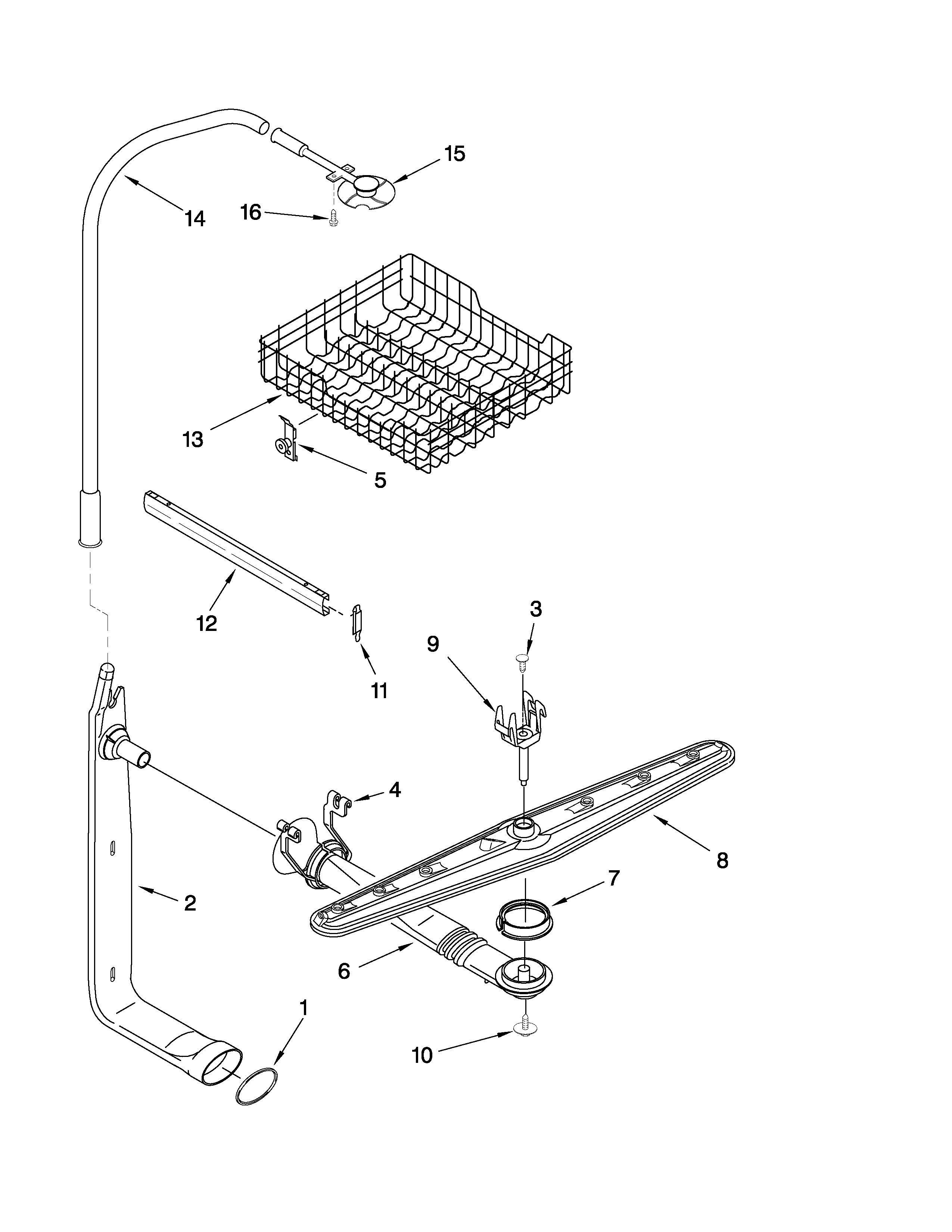 Whirlpool DU915PWWS0 upper dishrack and water feed parts diagram