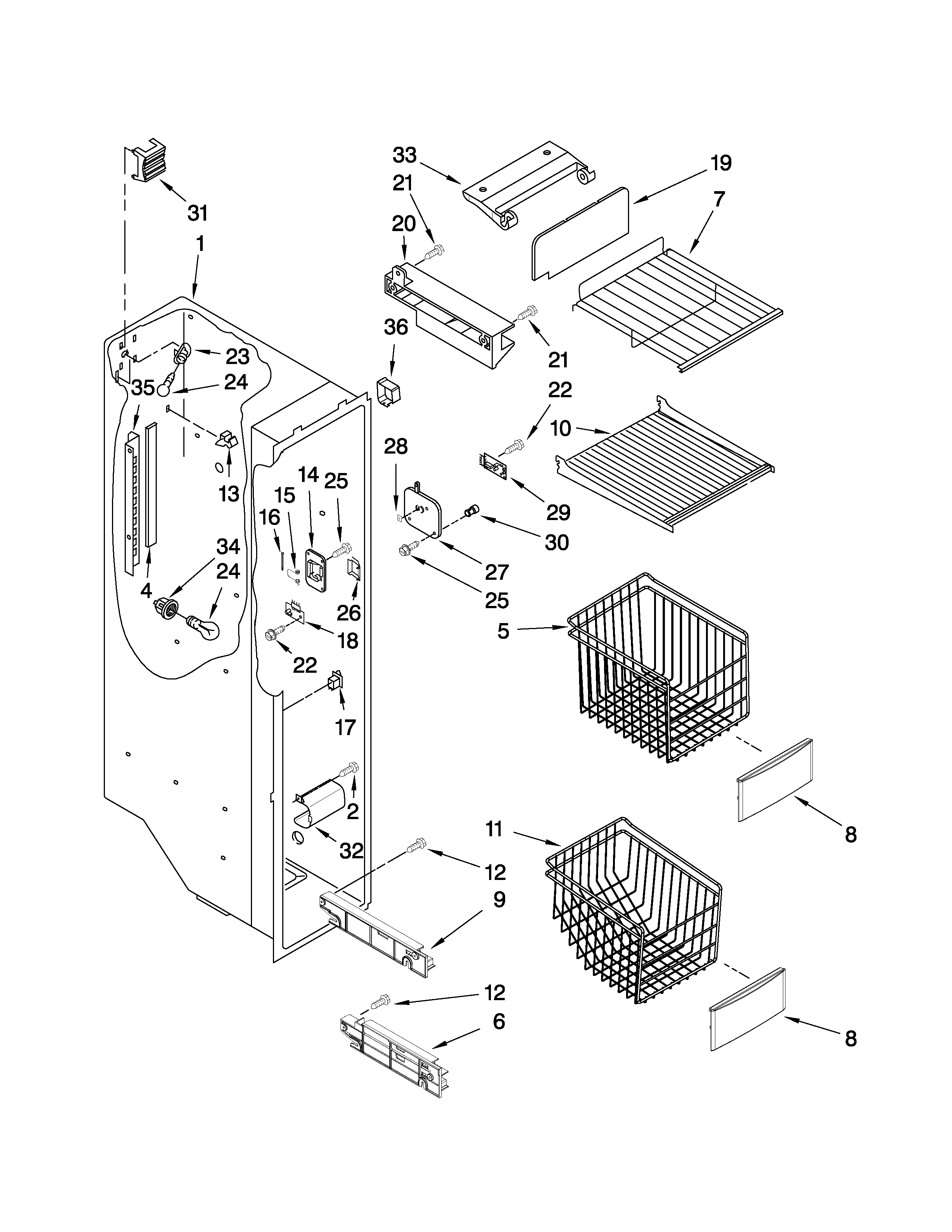 KitchenAid KSRX25FVBL02 freezer liner parts diagram