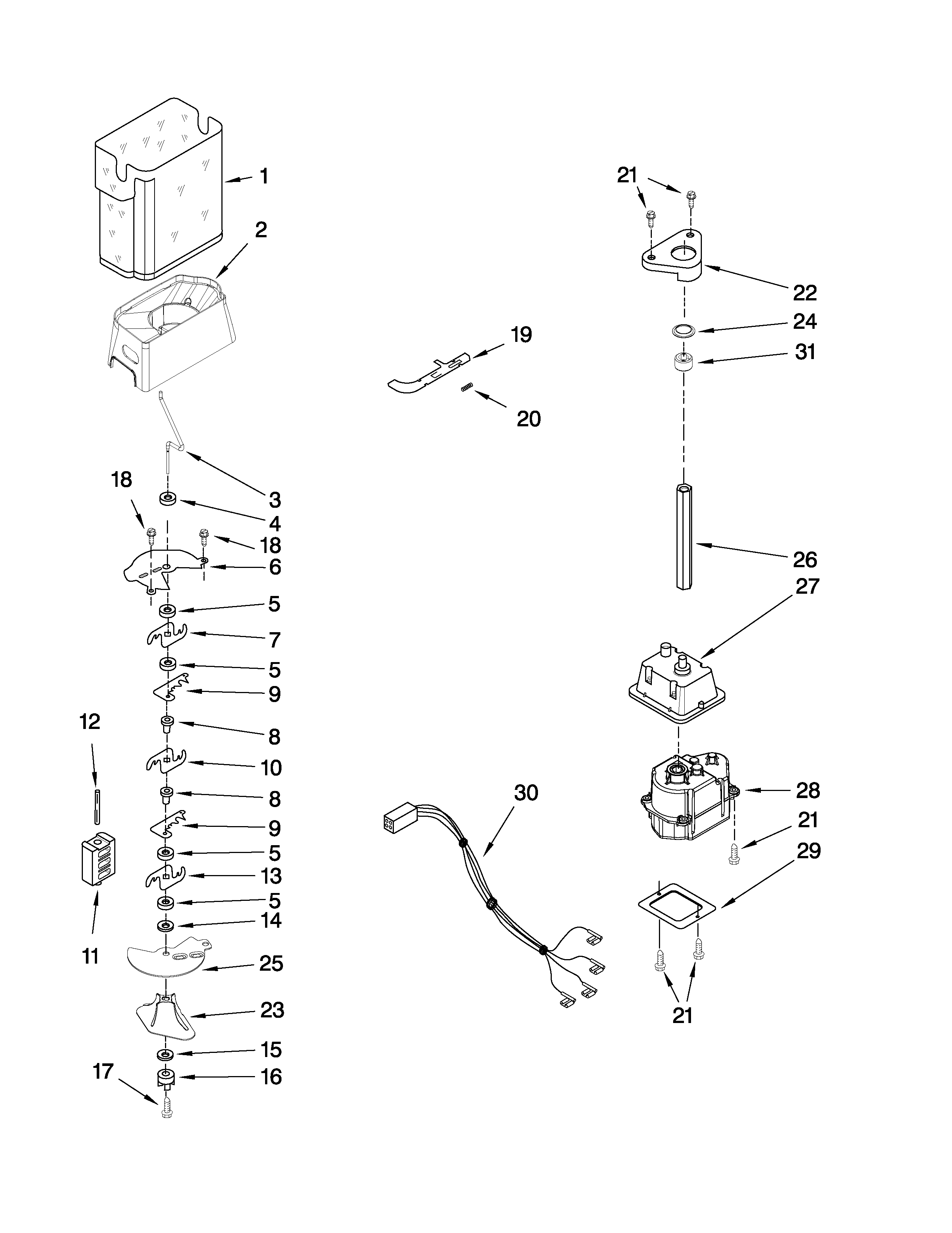 KitchenAid KSRX25FVBL02 motor and ice container parts diagram
