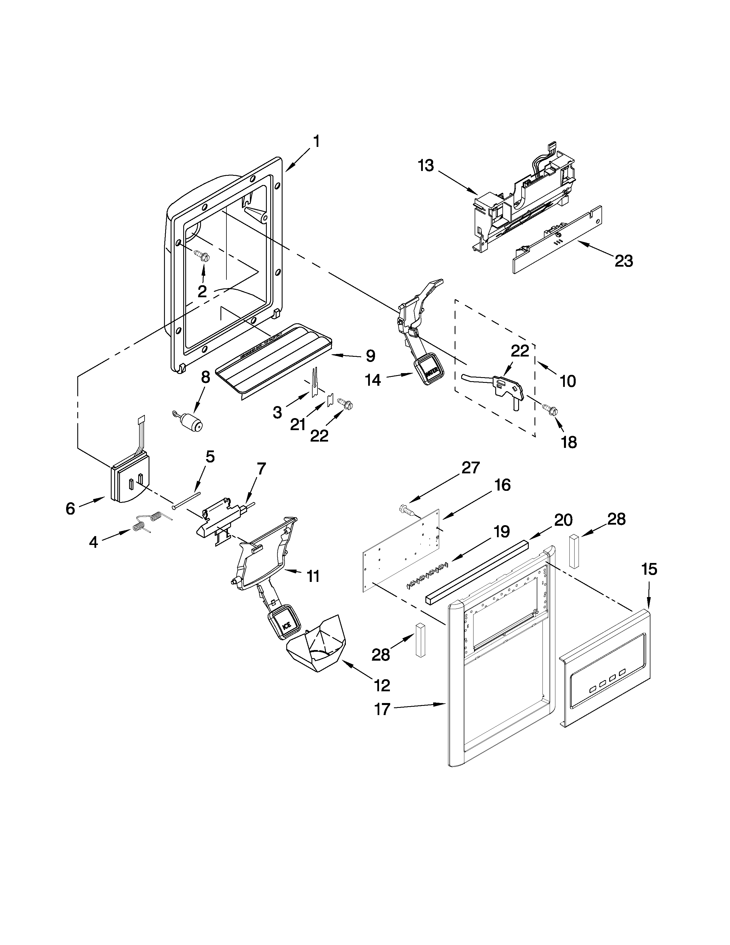 KitchenAid KSRX25FVBL02 dispenser front parts diagram