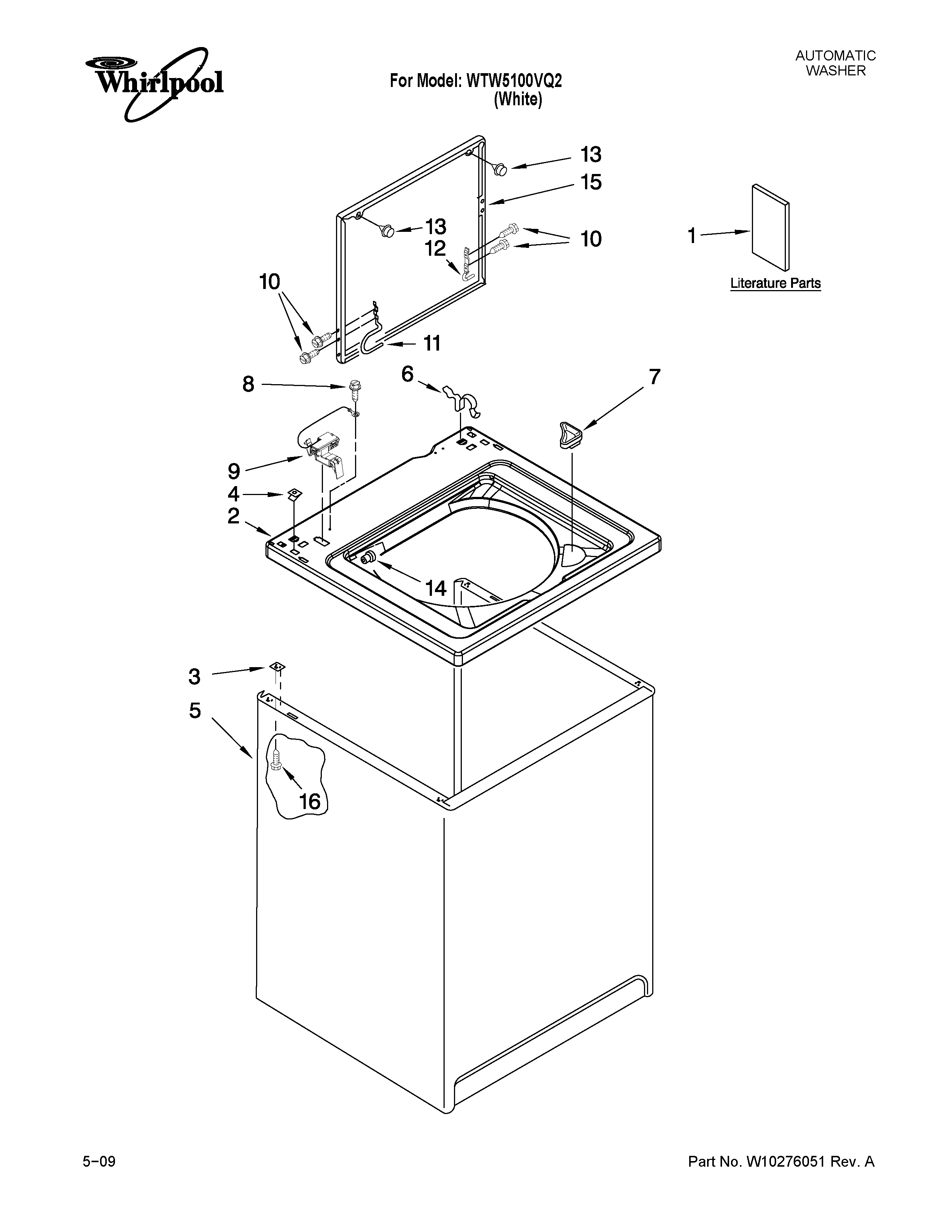 Whirlpool WTW5100VQ2 top and cabinet parts diagram