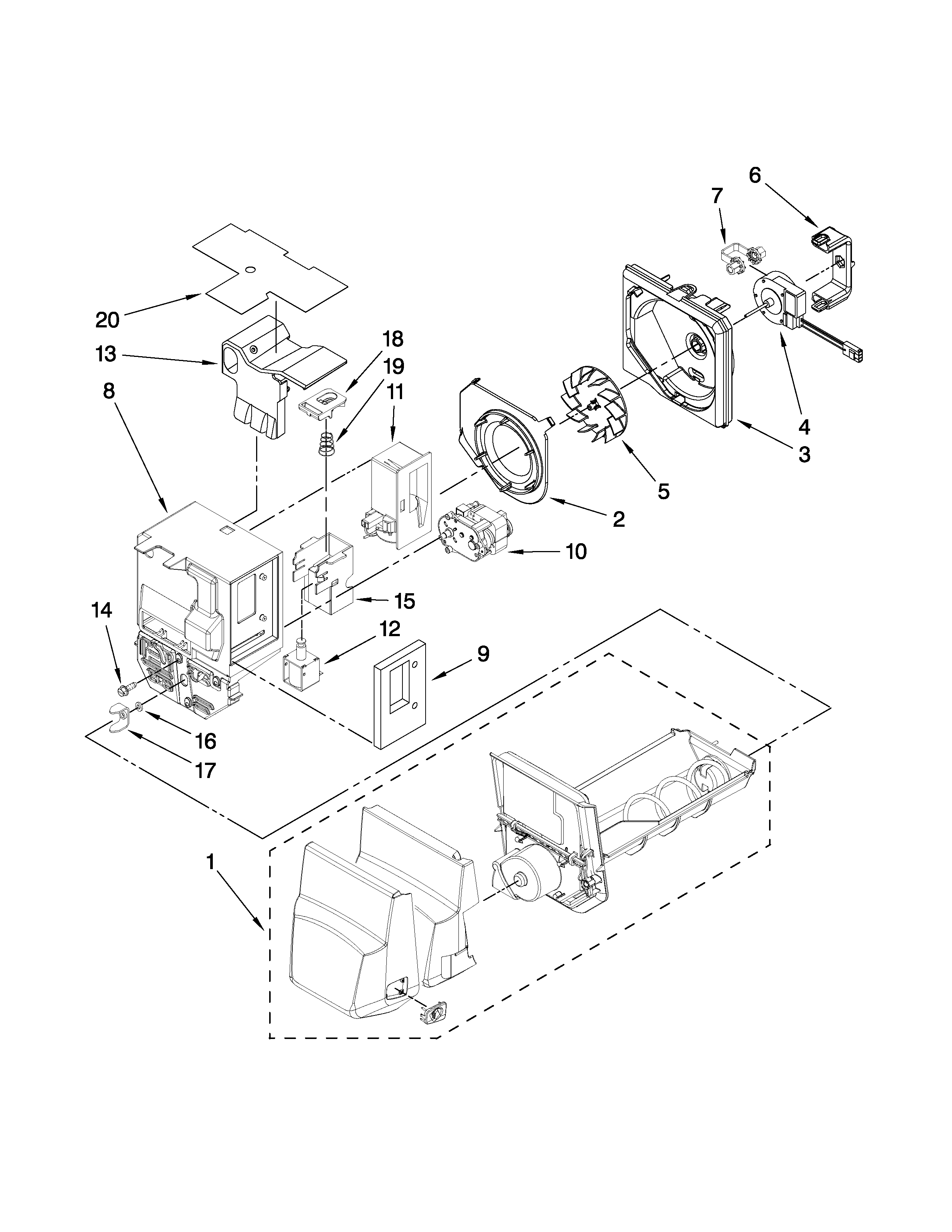 Jenn-Air JFI2089ATS2 motor and ice container parts diagram