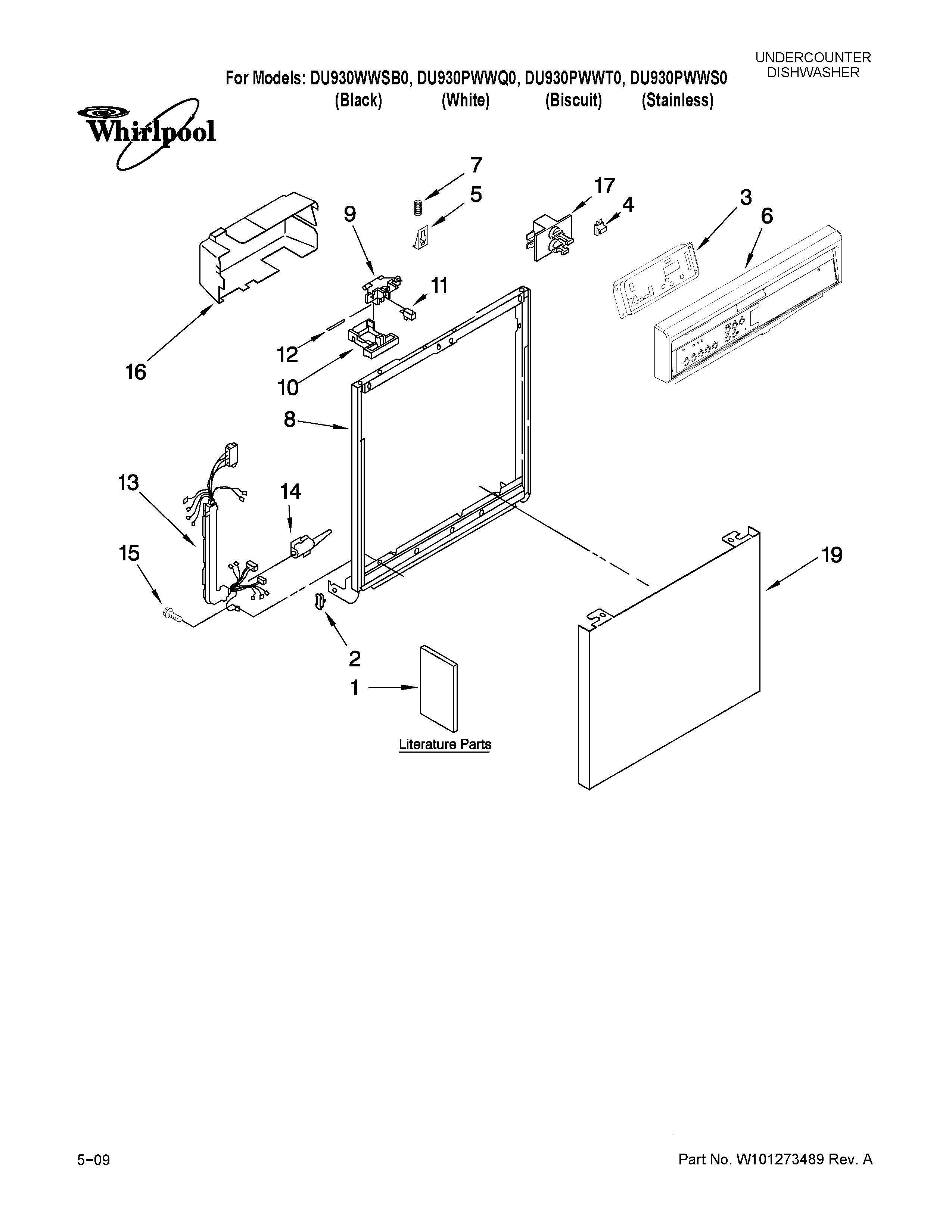 Whirlpool DU930WWSB0 frame and console parts diagram