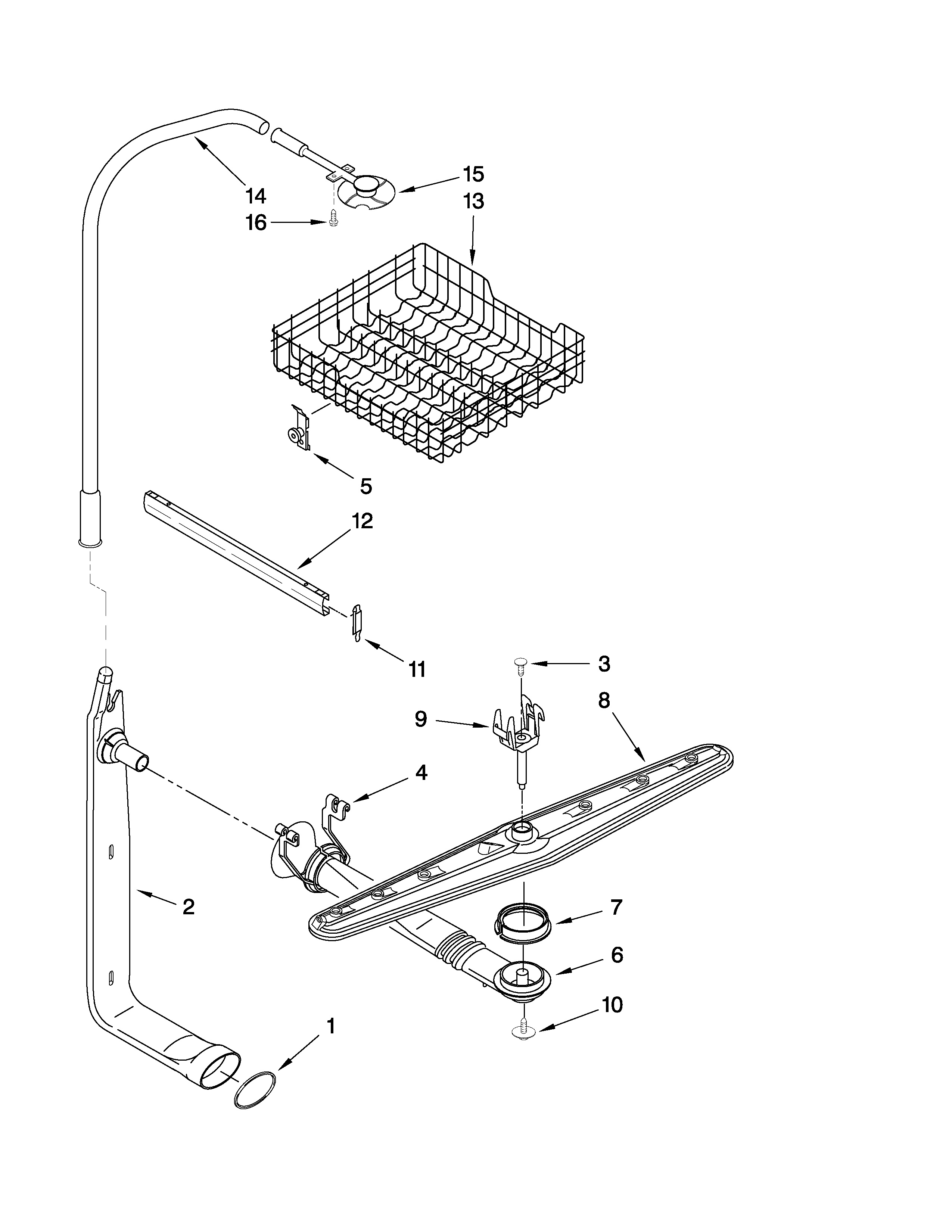 Whirlpool DU930WWSB0 upper dishrack and water feed parts diagram