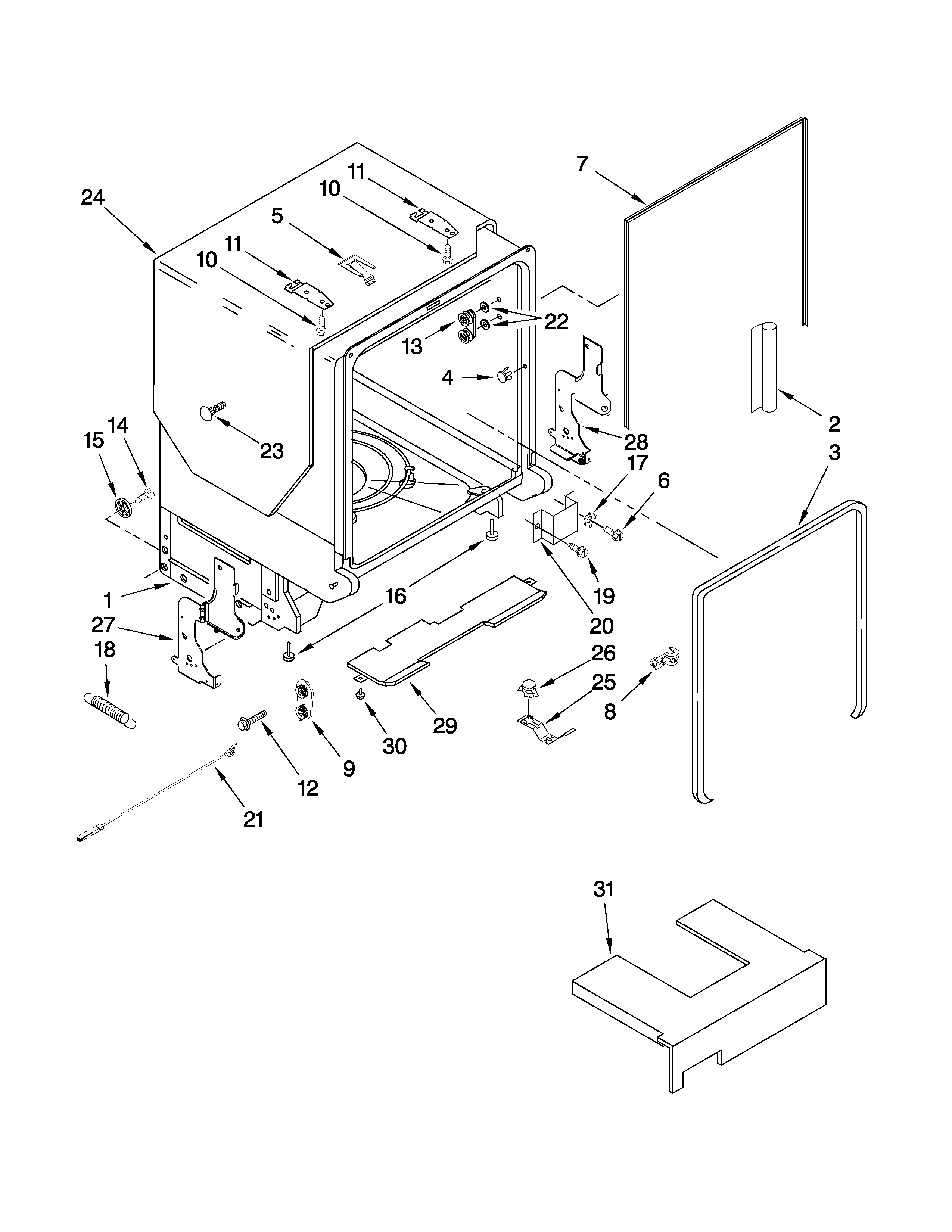 KitchenAid KUDE45CVSS0 tub and frame parts diagram
