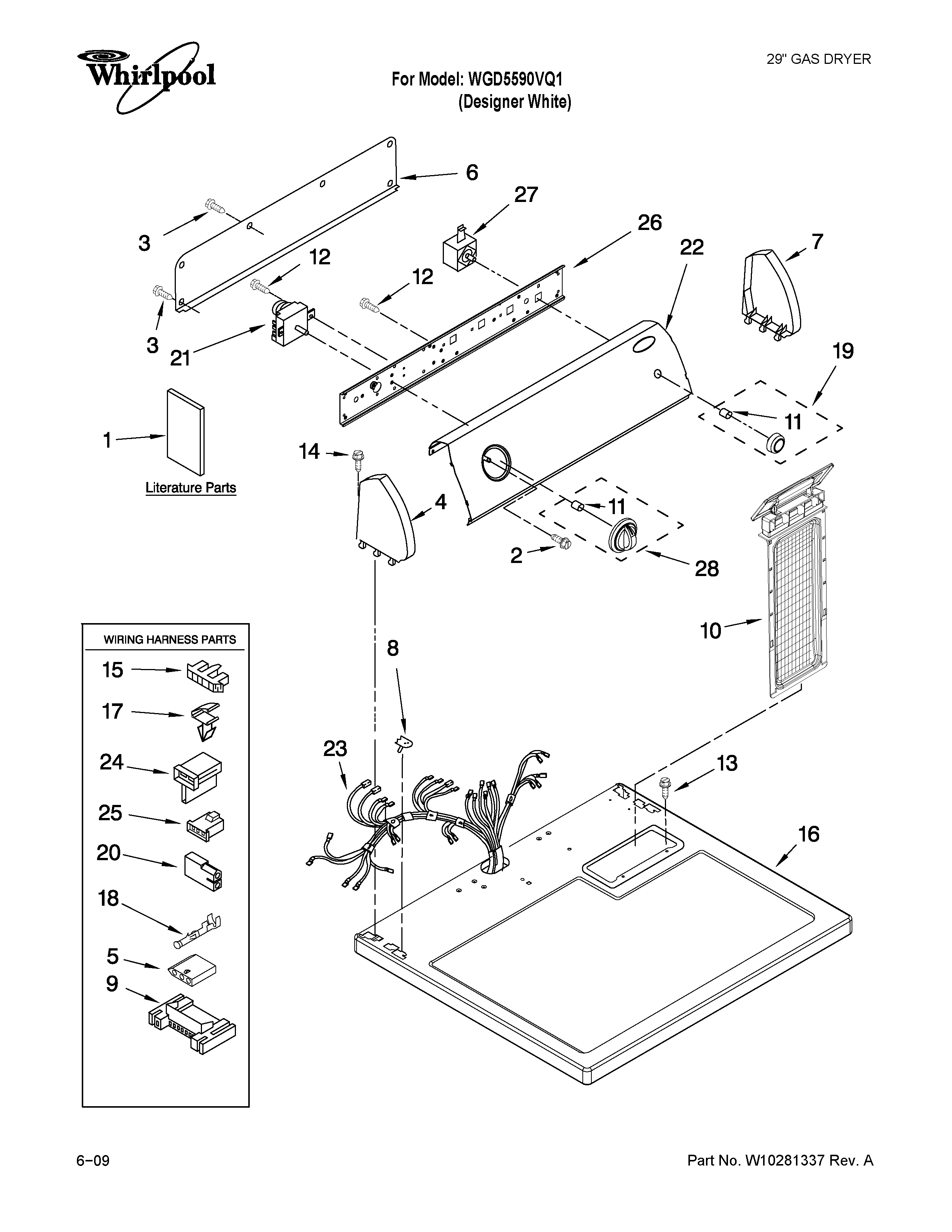 Whirlpool WGD5590VQ1 top and console parts diagram