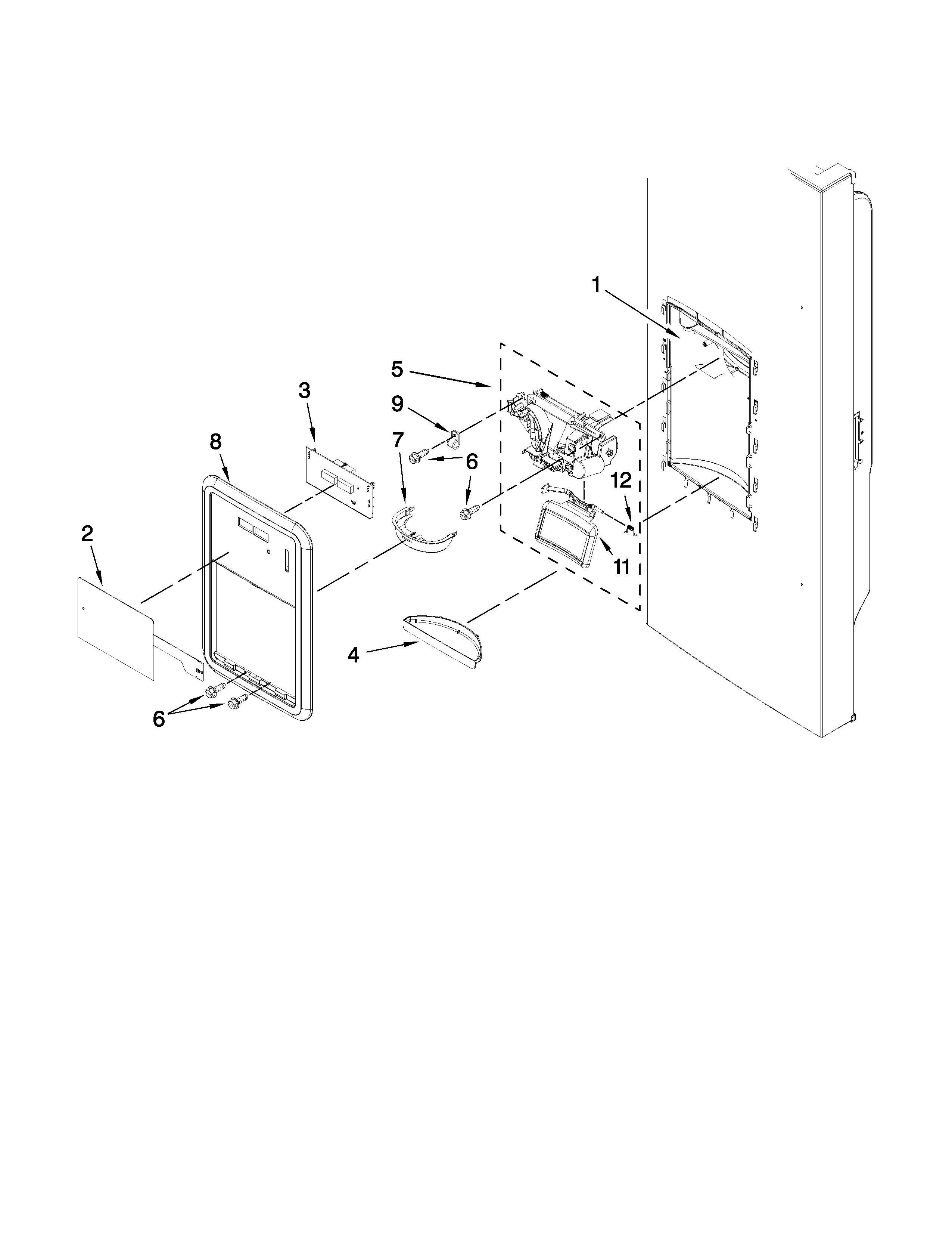 Whirlpool GI0FSAXVQ01 dispenser front parts diagram