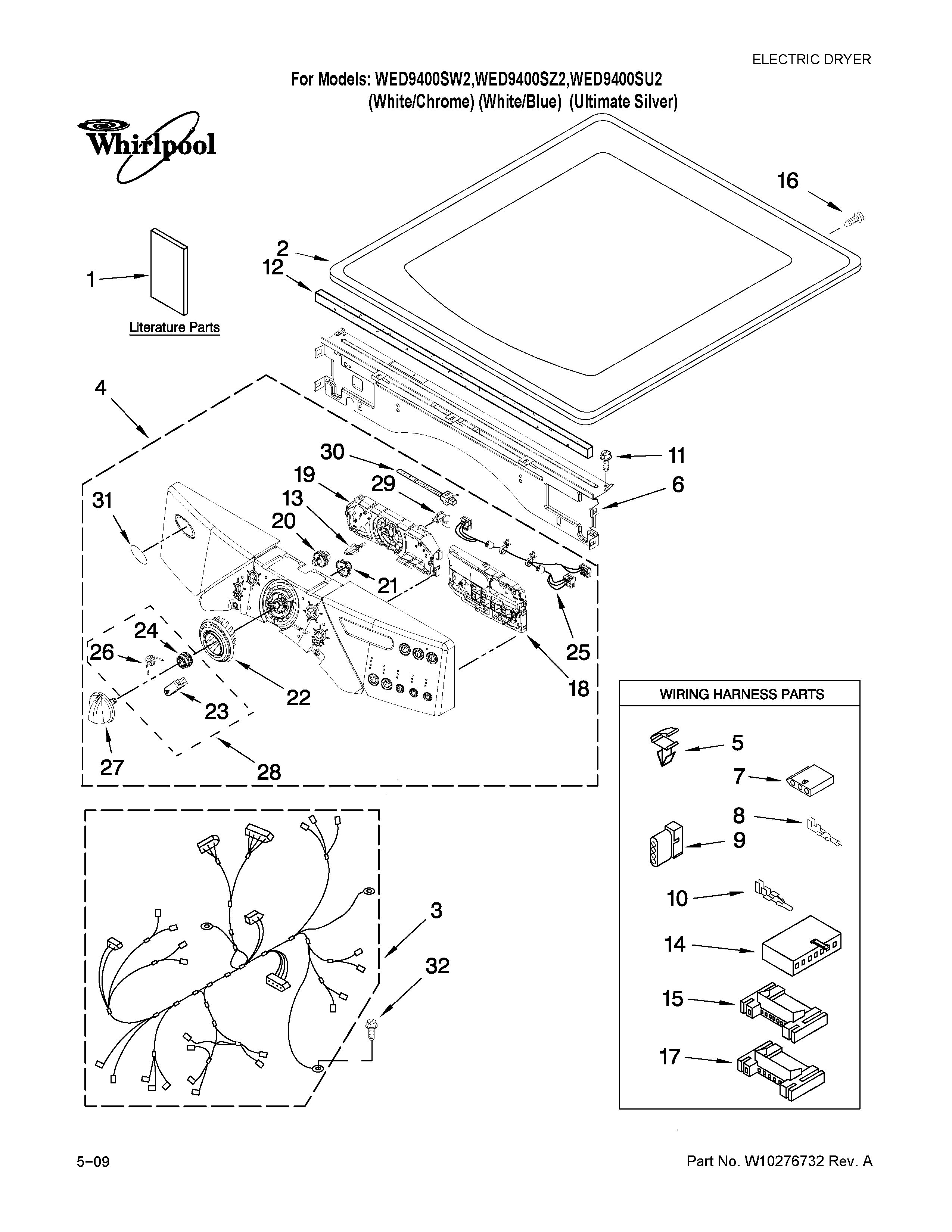 Whirlpool WED9400SW2 top and console parts diagram