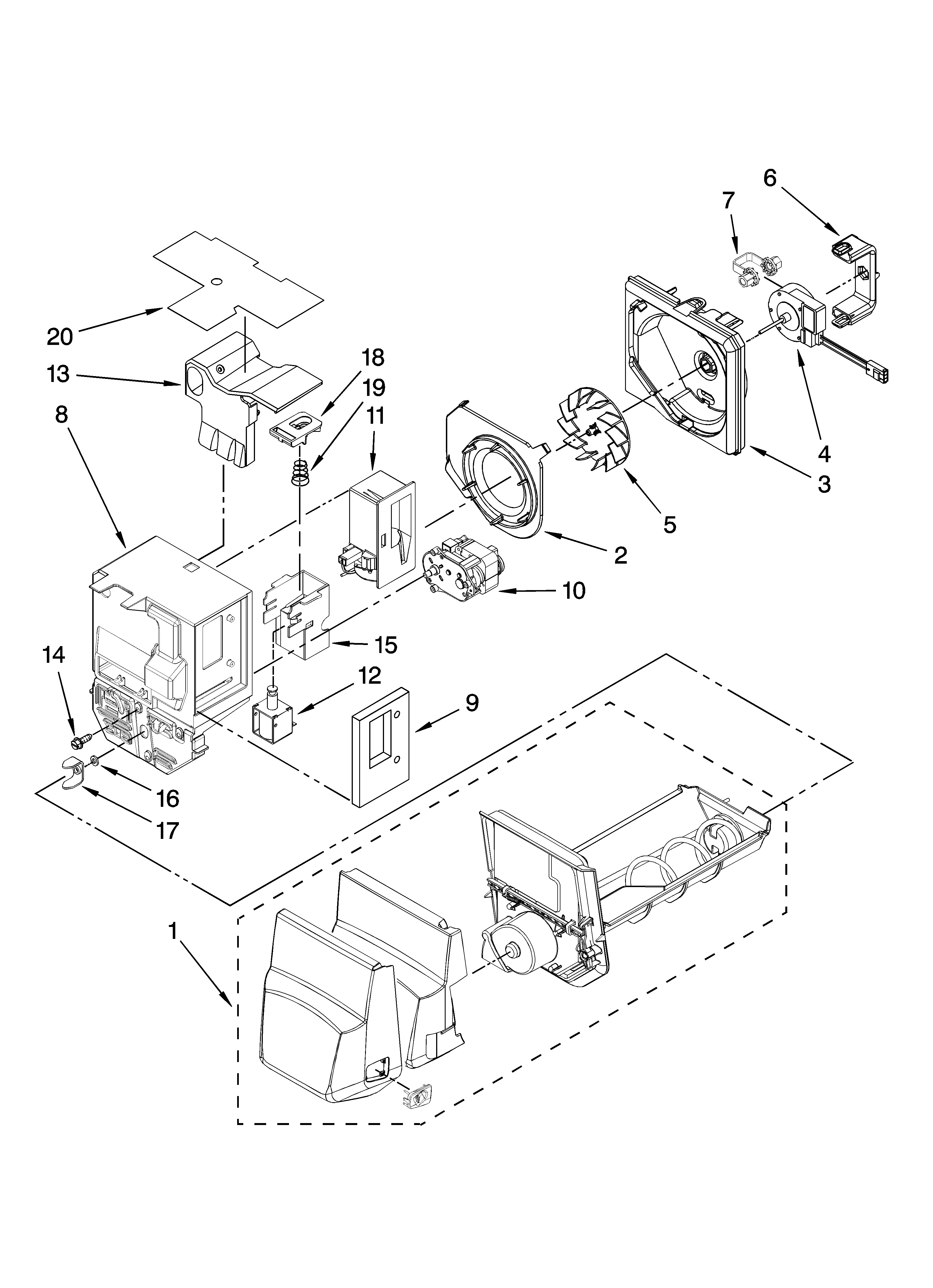 Jenn-Air JFI2089AEB2 motor and ice container parts diagram