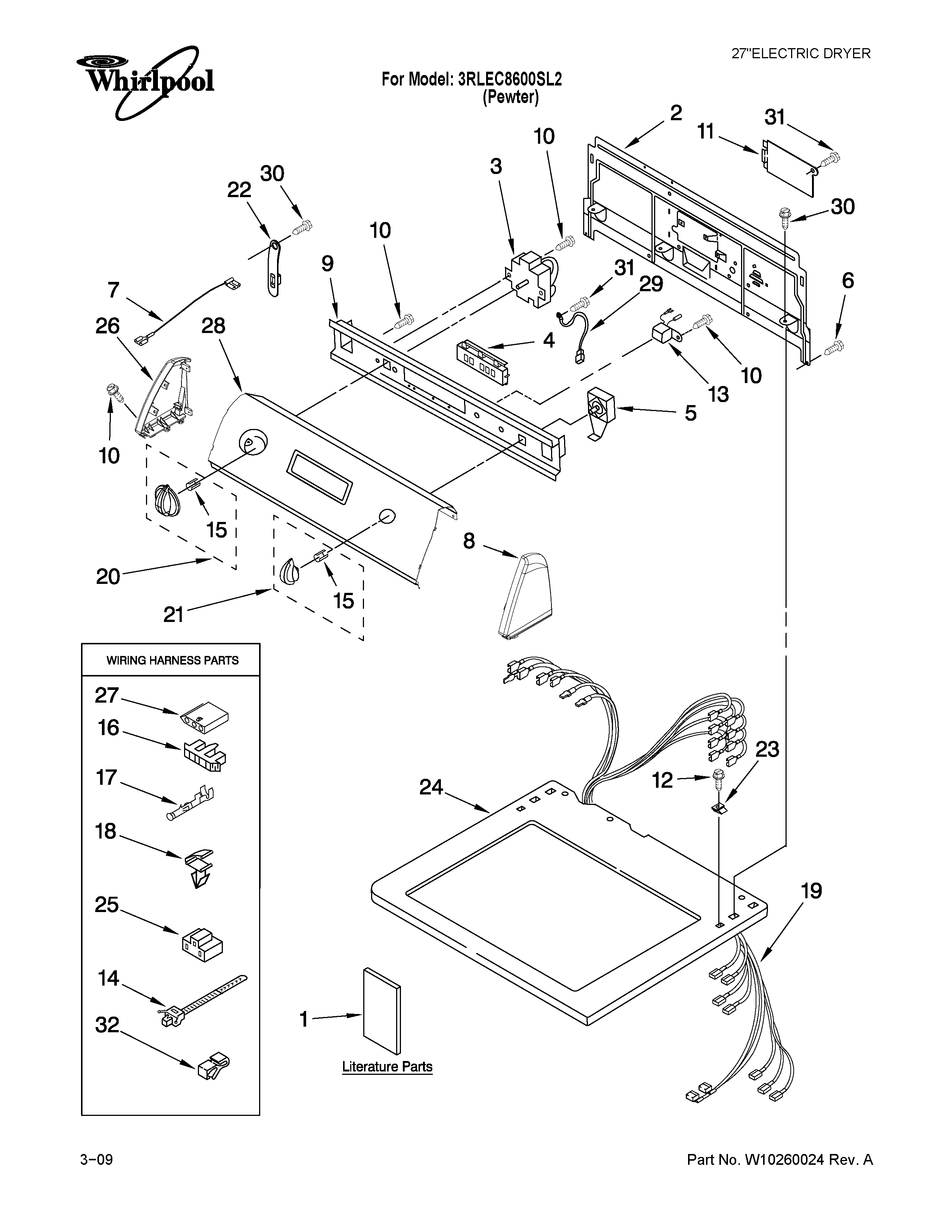 Whirlpool 3RLEC8600SL2 top and console parts diagram