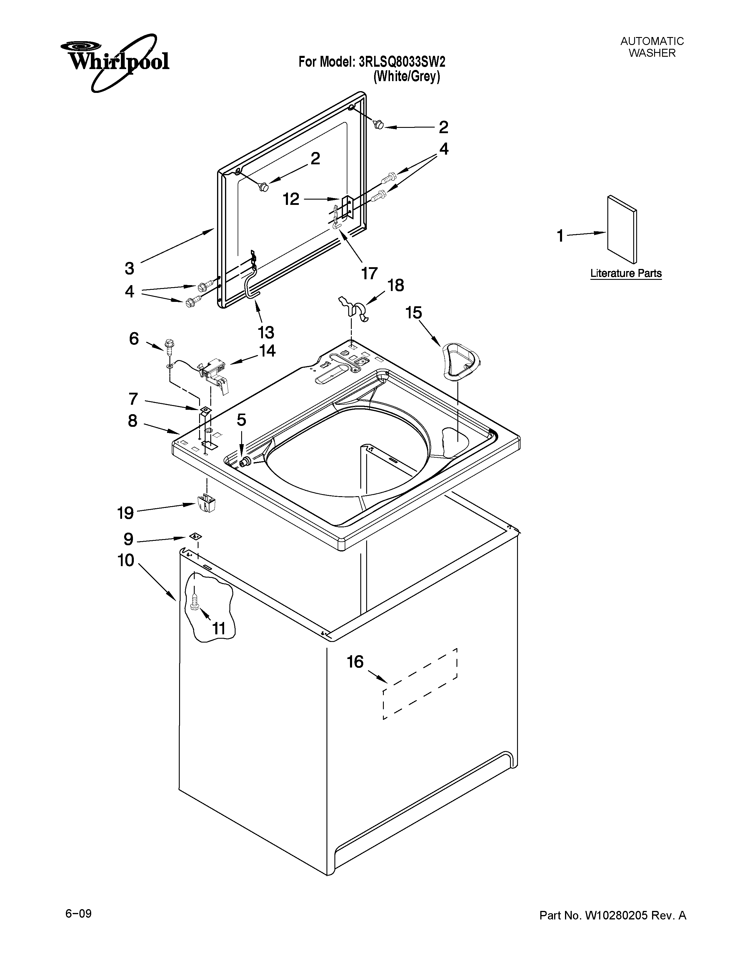 Whirlpool 3RLSQ8033SW2 top and cabinet parts diagram