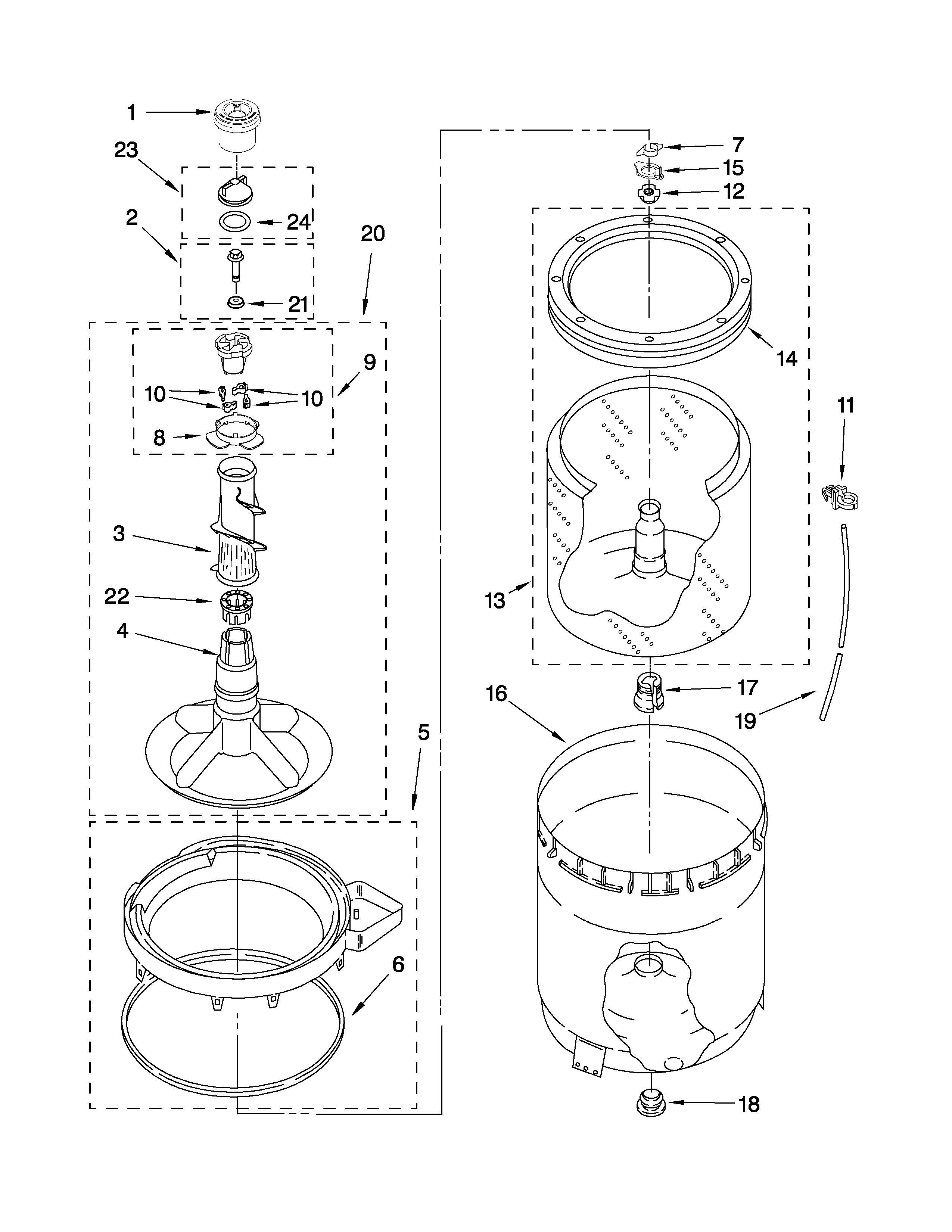 Whirlpool 3RLSQ8033SW2 agitator, basket and tub parts diagram
