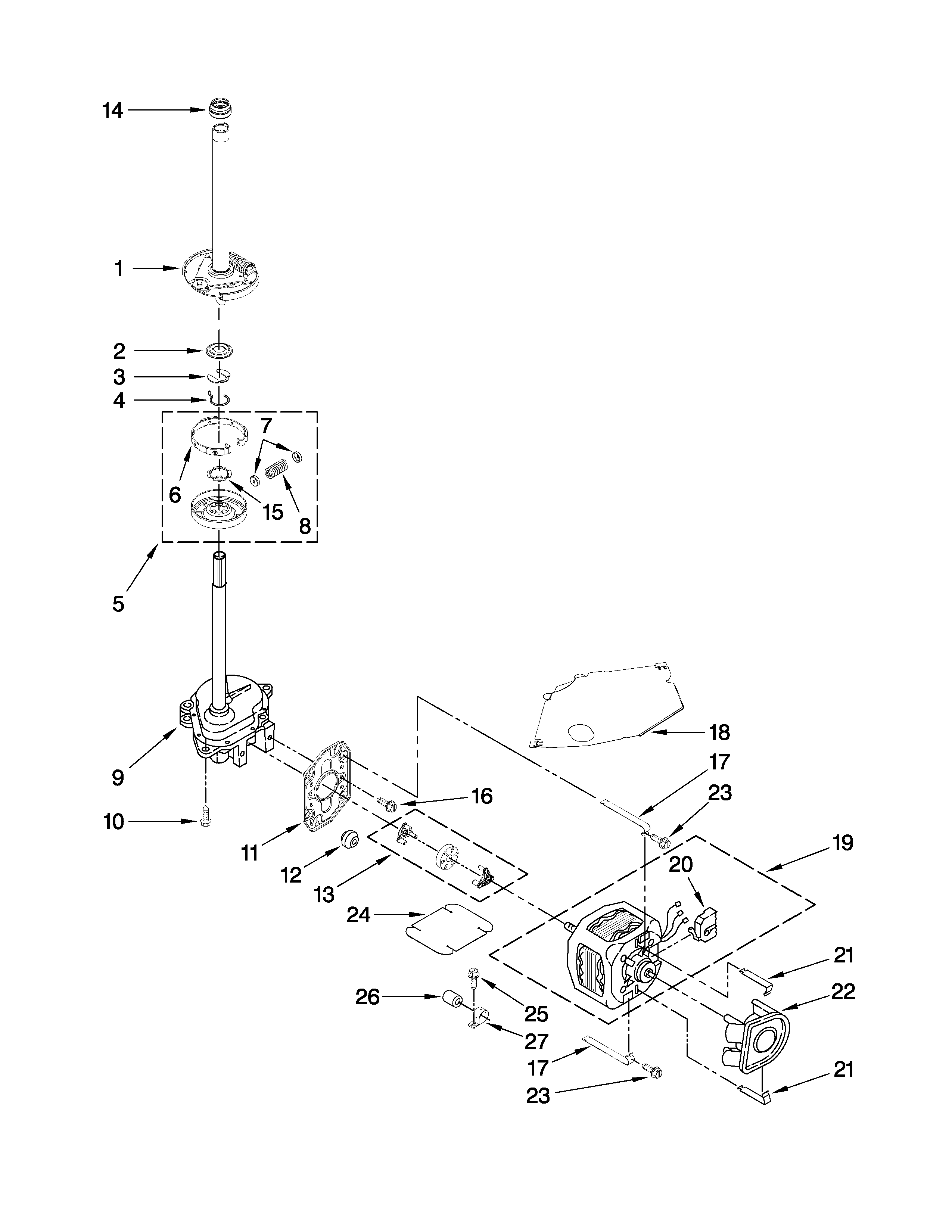 Whirlpool 3RLSQ8033SW2 brake, clutch, gearcase, motor and pump parts diagram