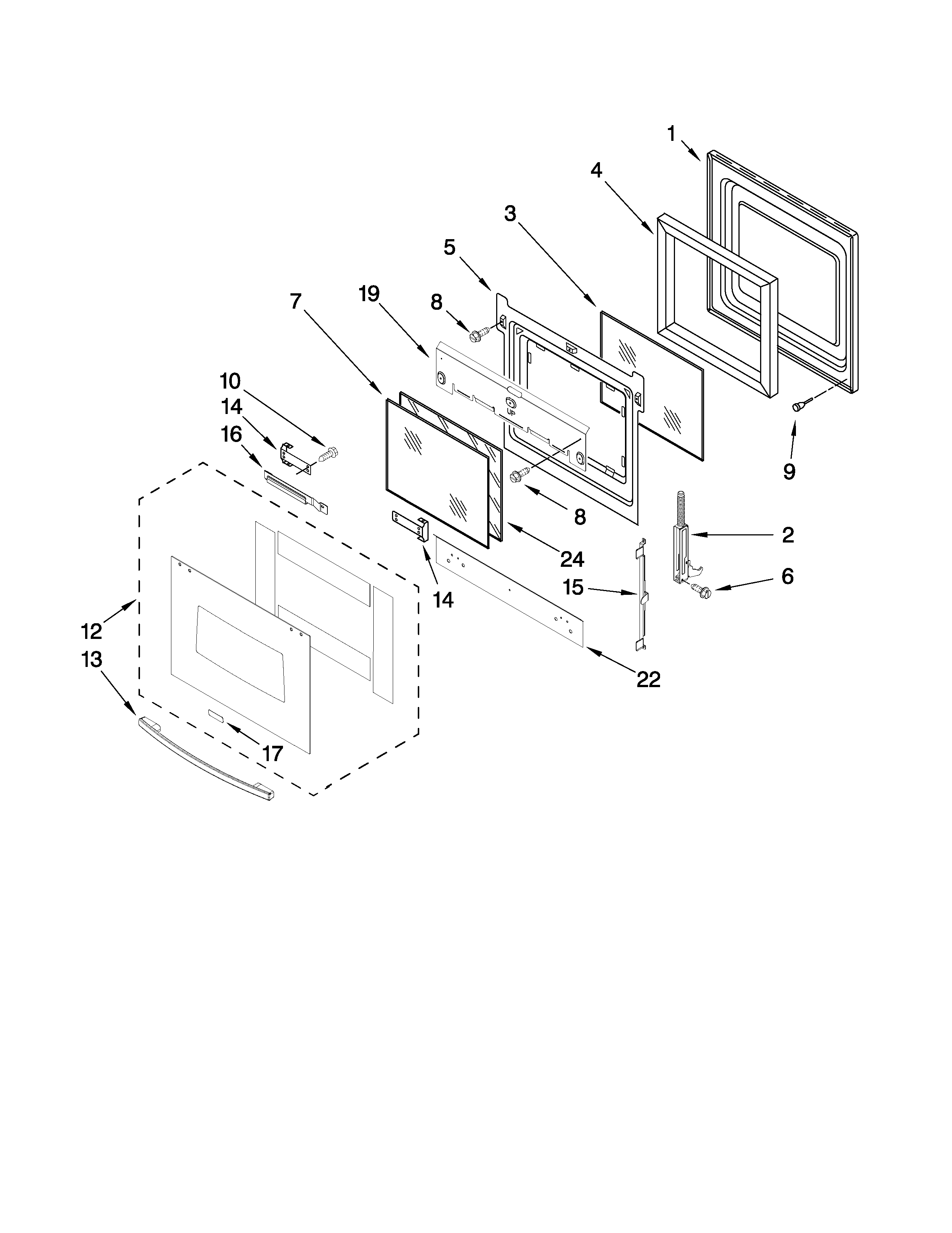 Whirlpool RBS305PVT02 oven door parts diagram